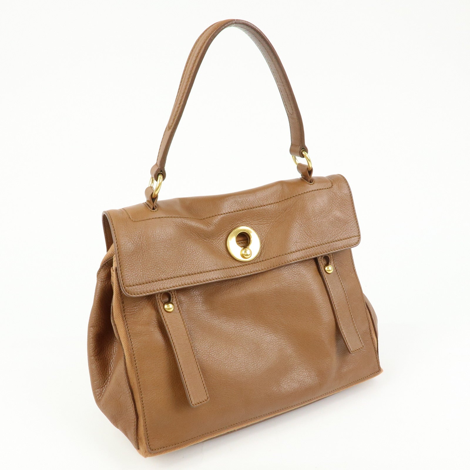 SAINT LAURENT PARIS Muse Two Leather Canvas Hand Bag Brown 229680