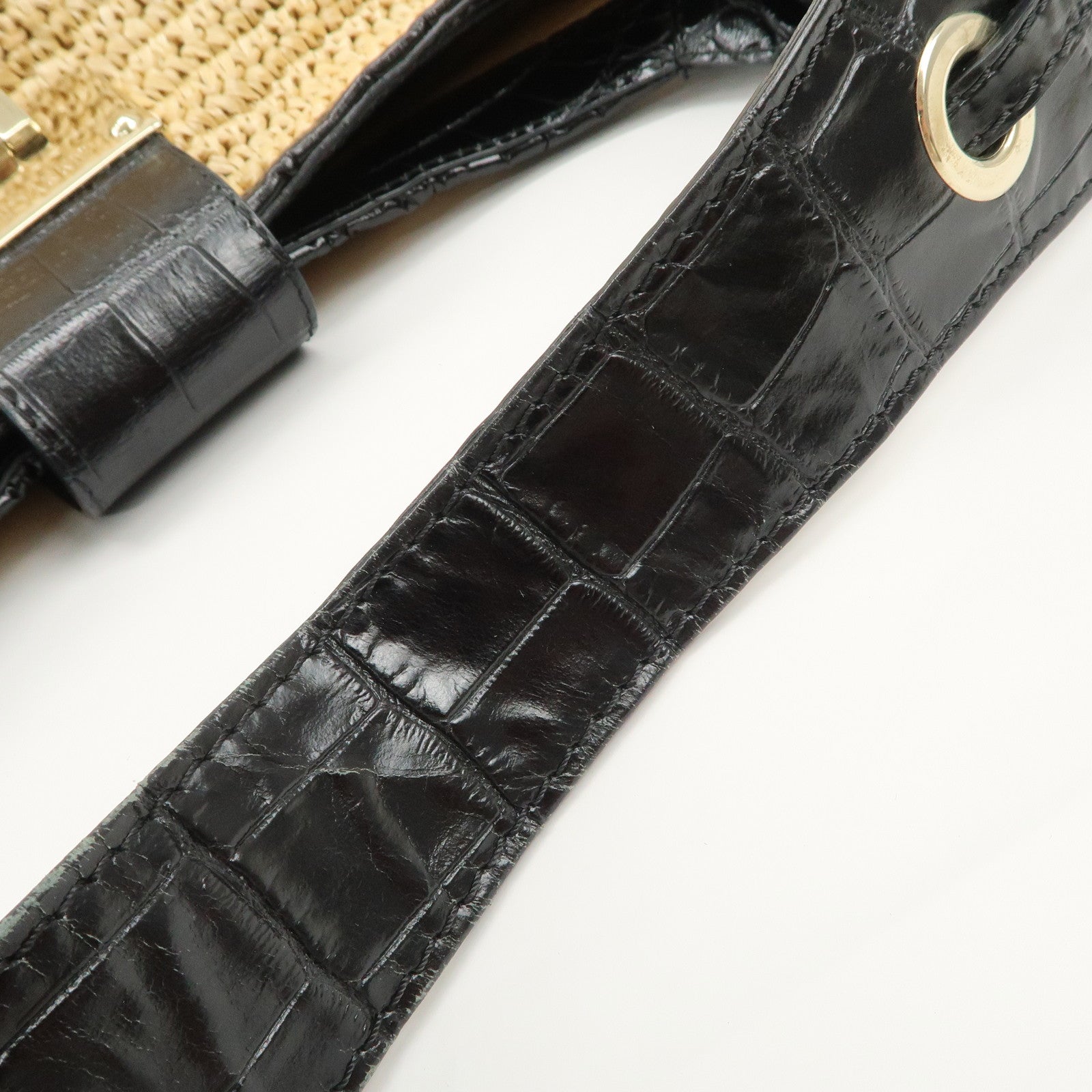 JIMMY CHOO Raffia Embossed Leather One Shoulder Bag Natural Black