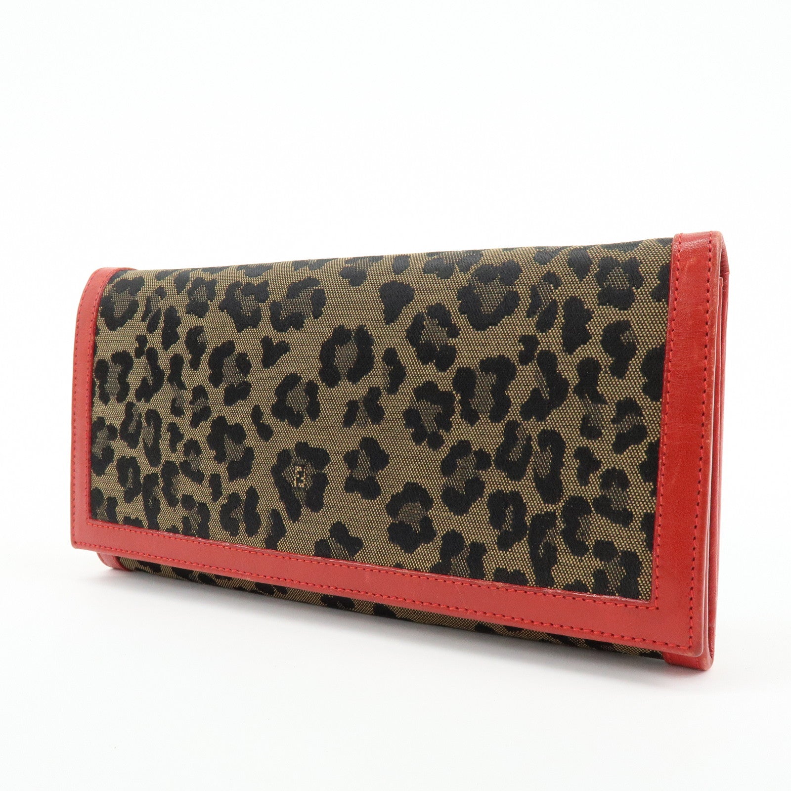 FENDI Zucca Canvas Leather Long Wallet Leopard Brown Red 30851