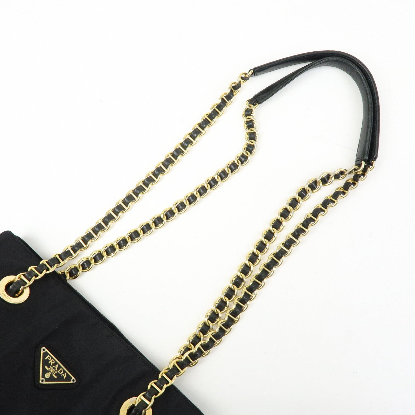 PRADA Triangle Logo Nylon Leather Chain Shoulder Bag Black B4394