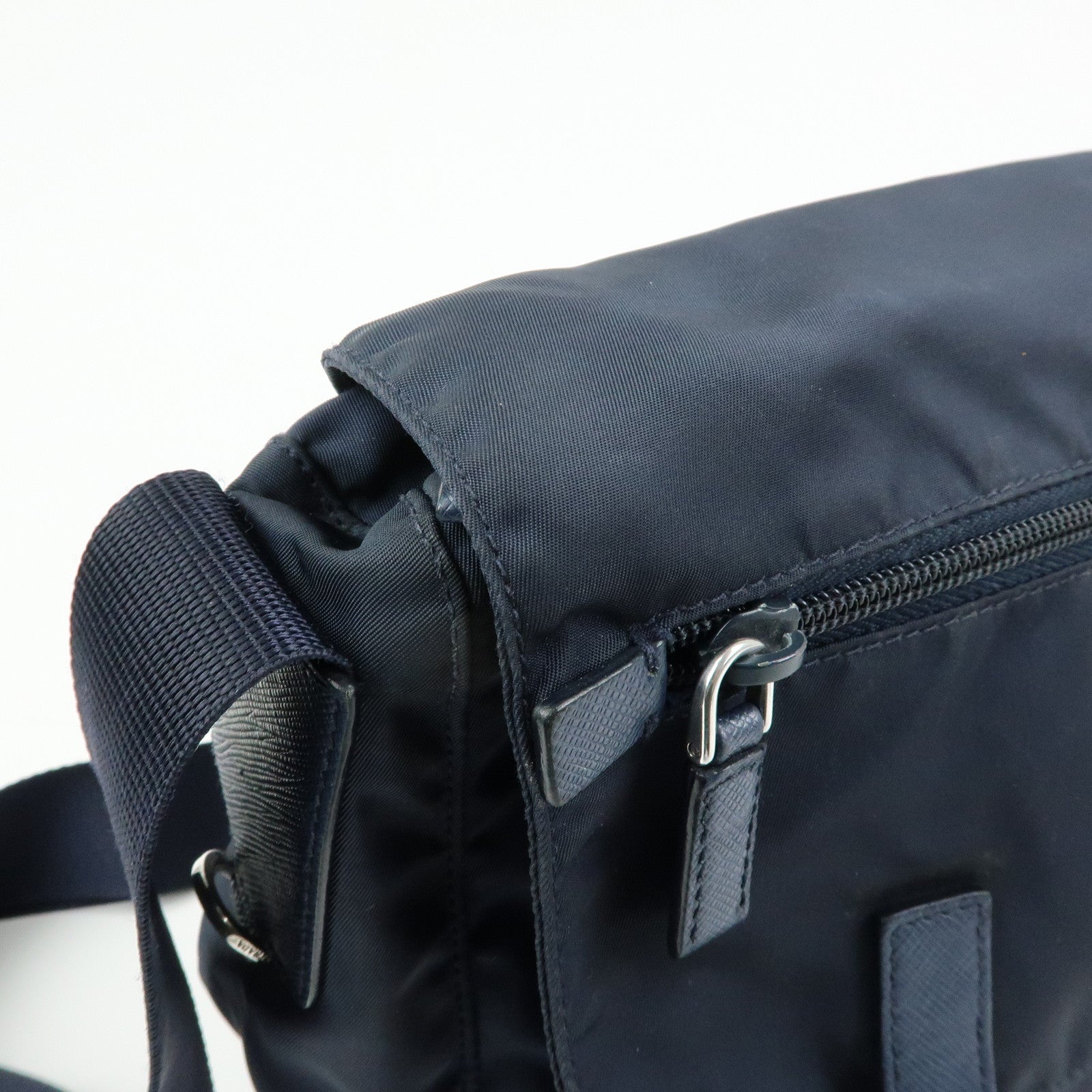 PRADA Triangle Logo Nylon Saffiano Leather Shoulder Bag Navy