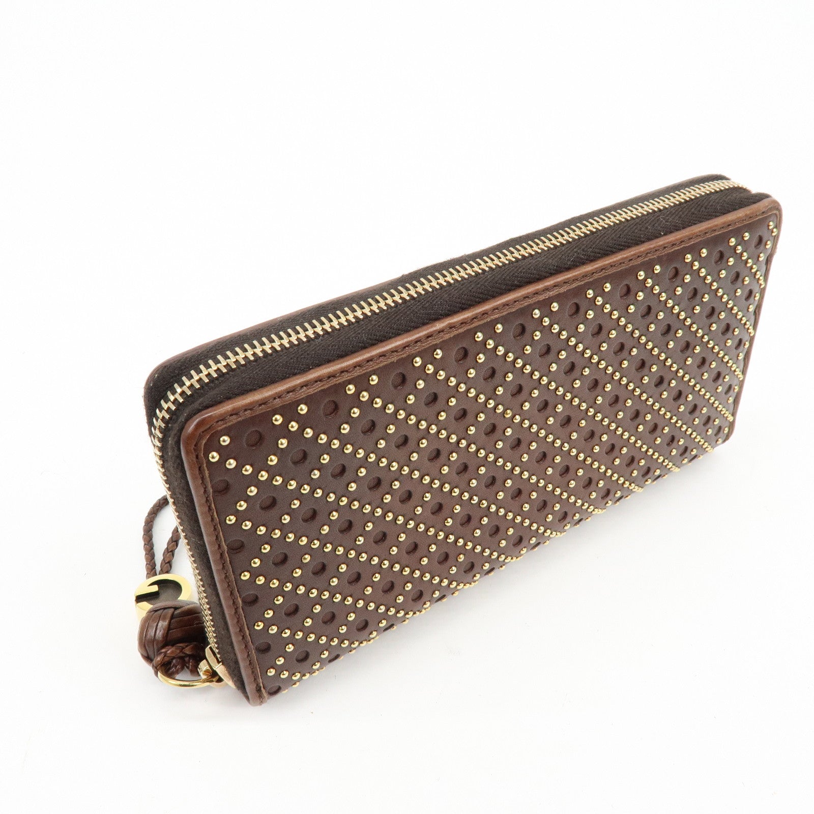 GUCCI Leather Round Zippy Long Wallet Studs Brown Gold 264733