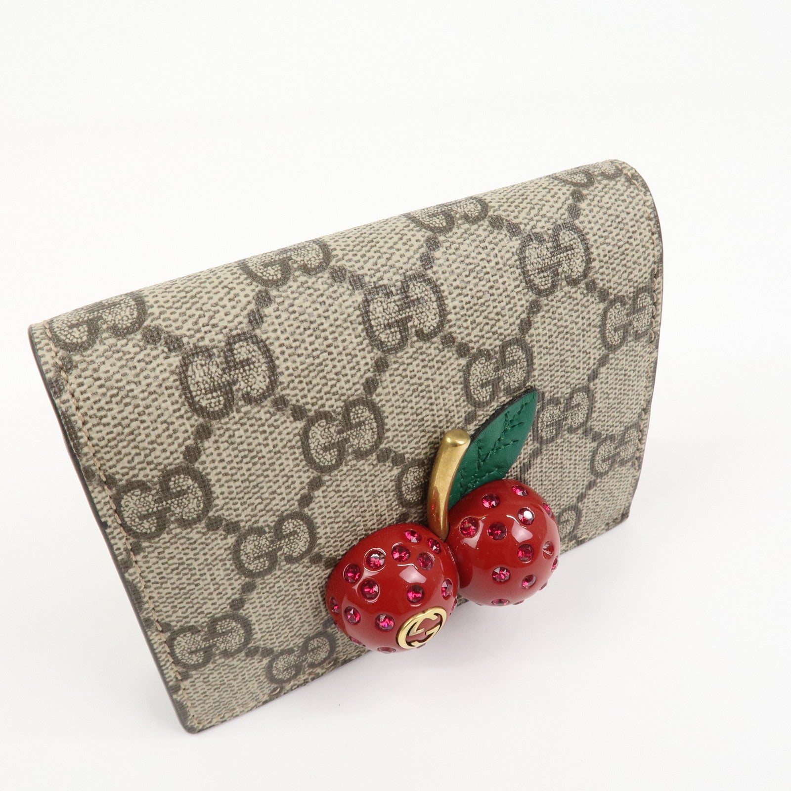 GUCCI Interlocking G GG Supreme Cherry Compact Wallet Beige 476050