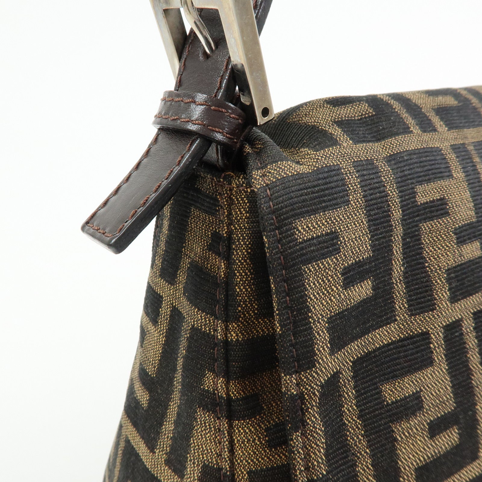 FENDI Mamma Baguette Zucca Canvas Leather Shoulder Bag Brown 26325