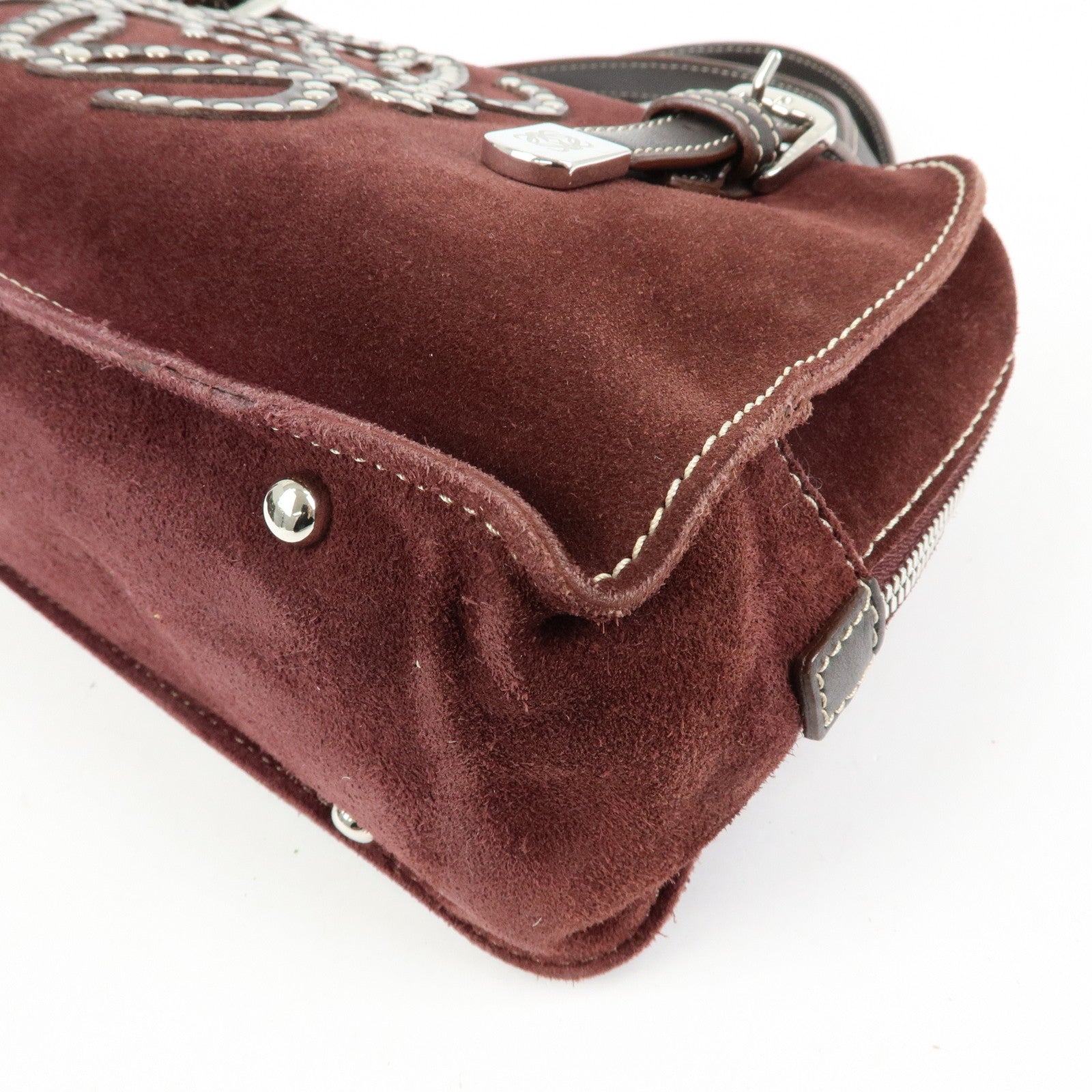 LOEWE Anagram Suede Leather Studs Hand Bag Bordeaux