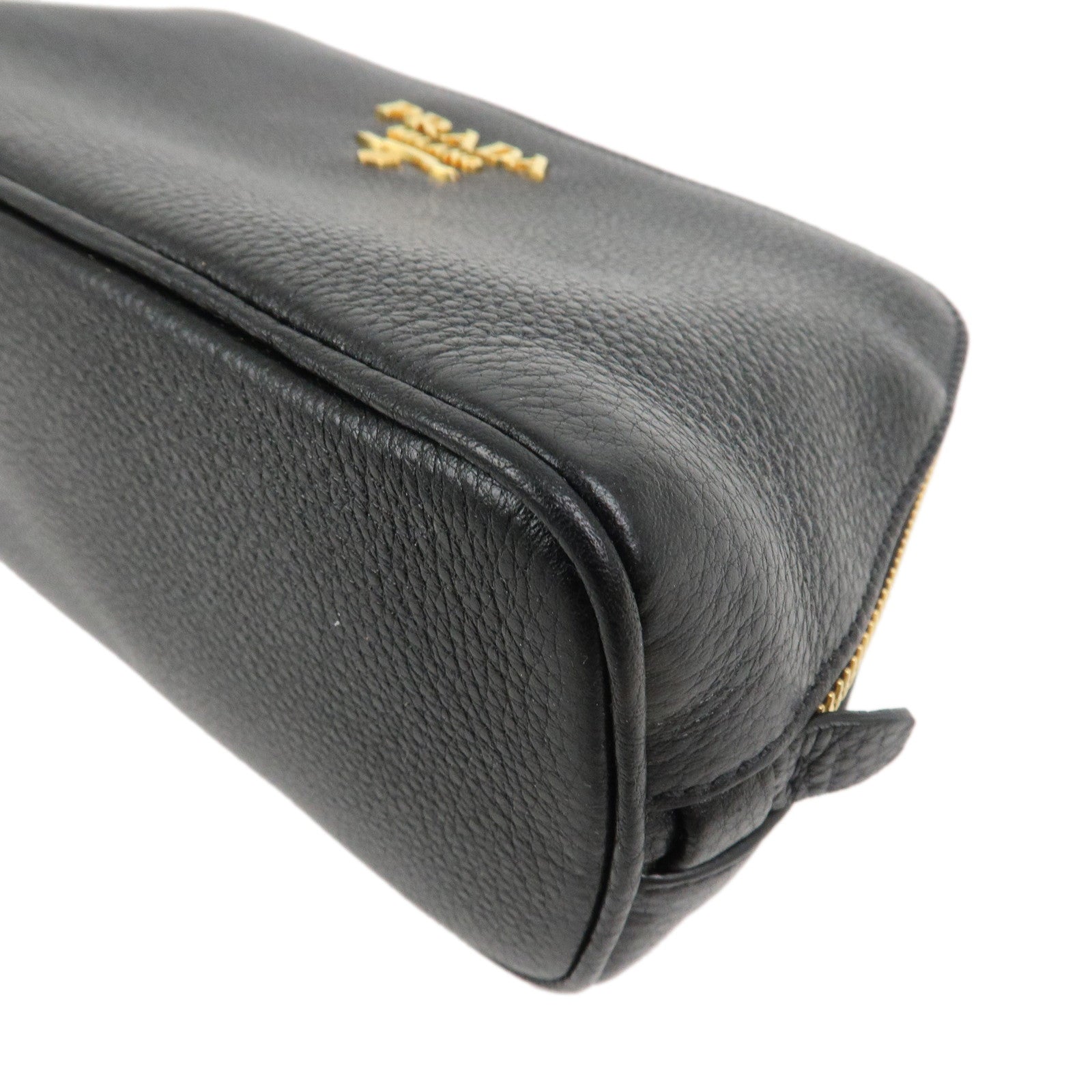 PRADA Logo Vitello Daino Leather Cosmetic Pouch Black 1NA024