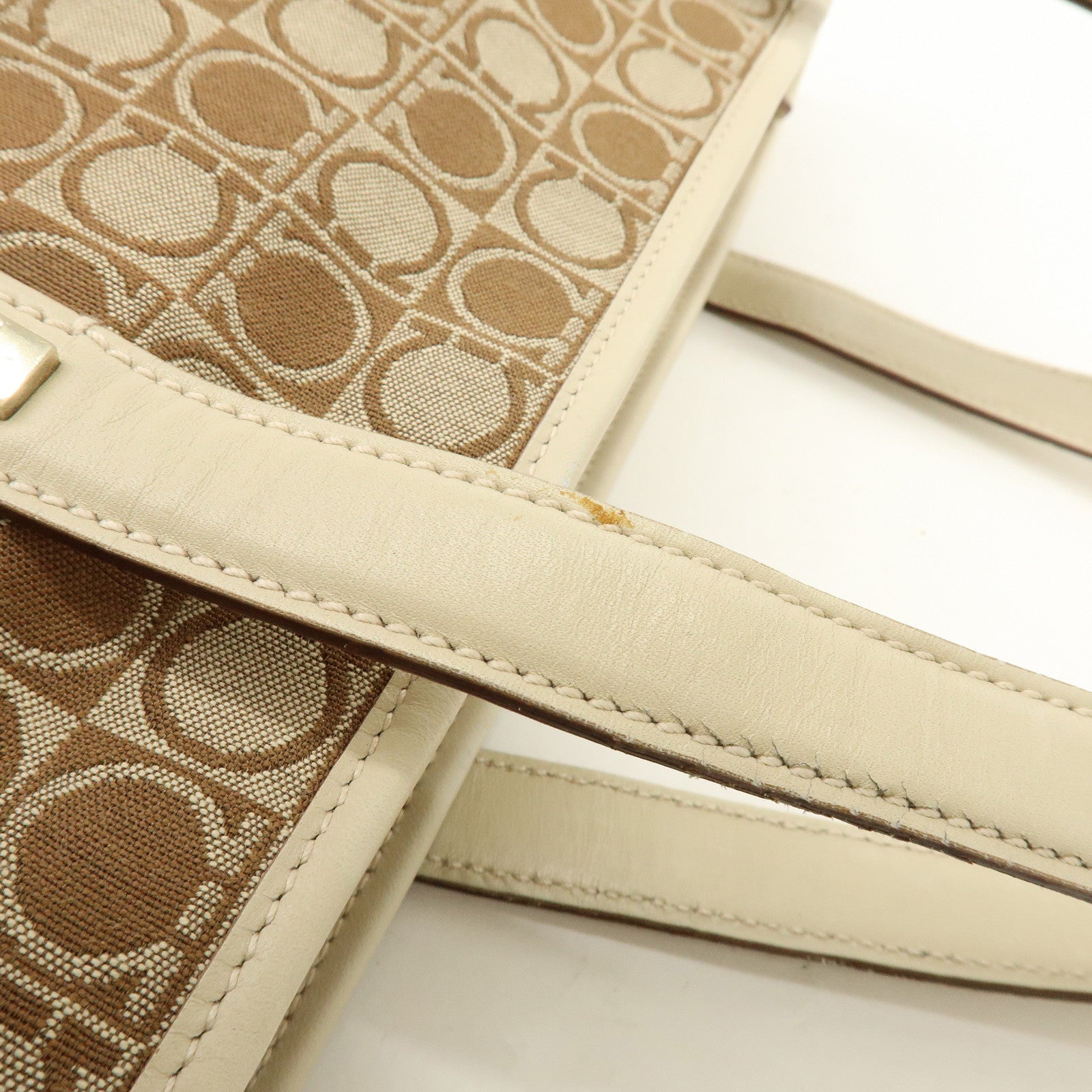 Ferragamo Gancini Canvas Leather Tote Bag Hand Bag Brown Beige