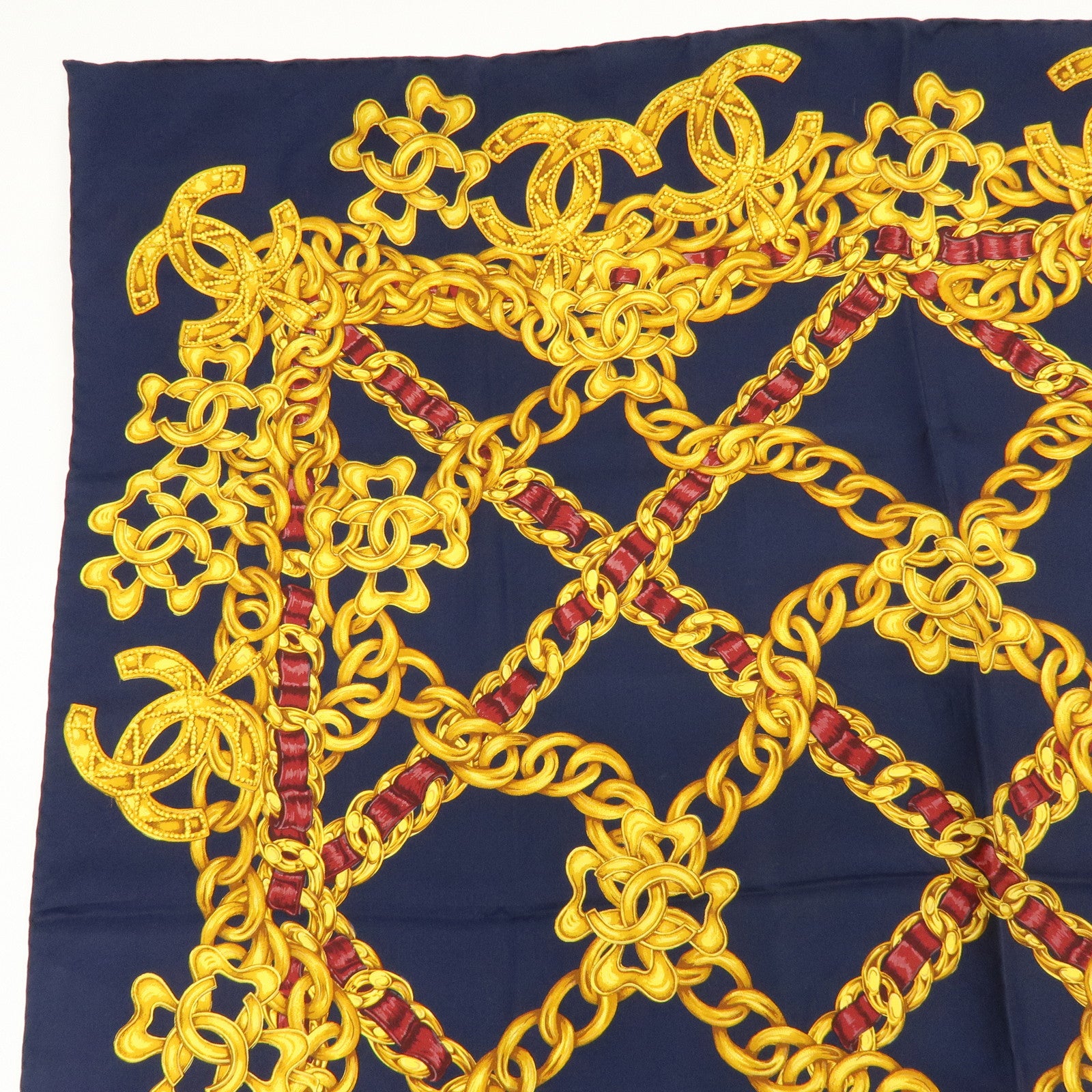 CHANEL Silk 100% Scarf COCO Mark Chain Motif Navy Gold