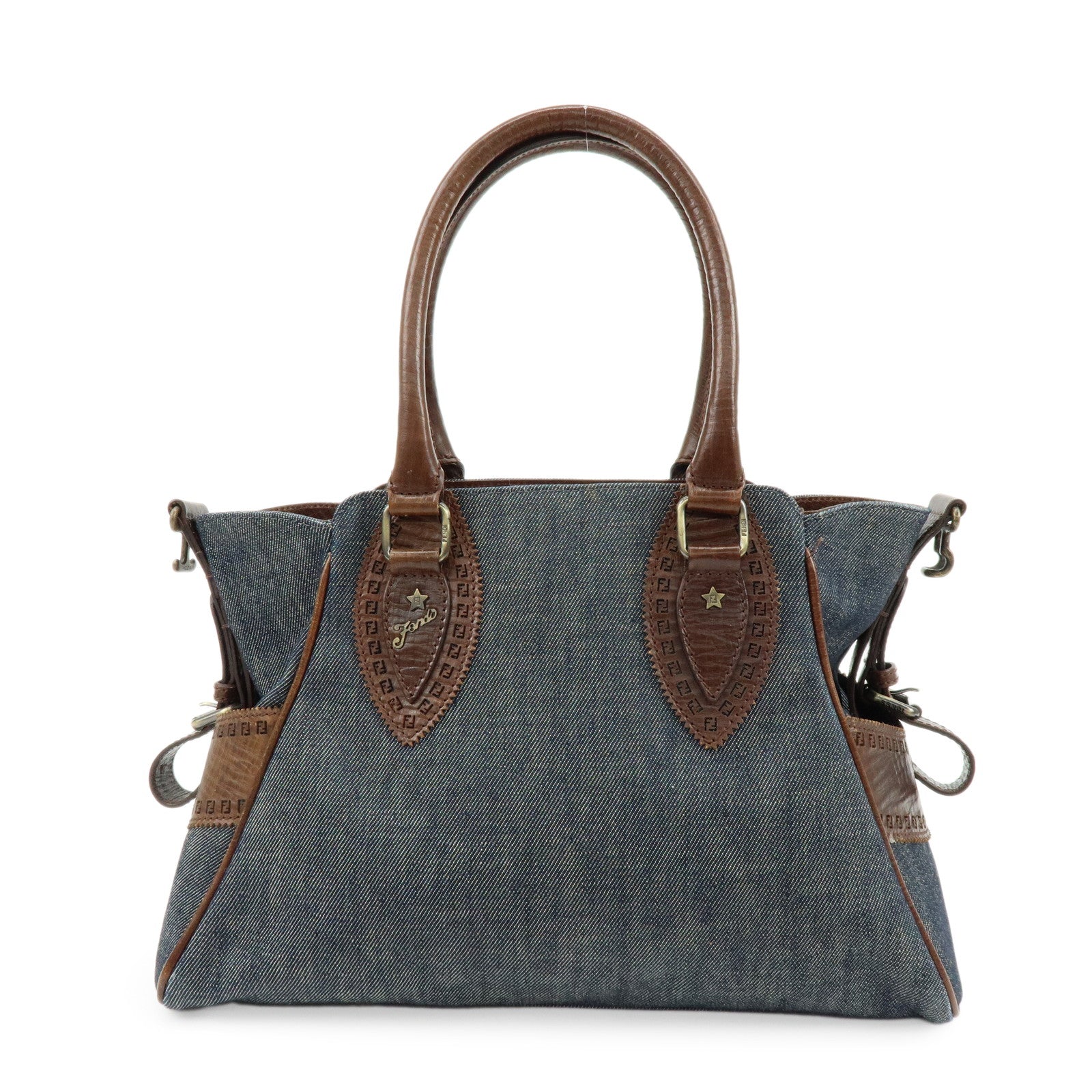 FENDI Etnico Zucca Denim Leather Shoulder Bag Blue Brown 8BN157
