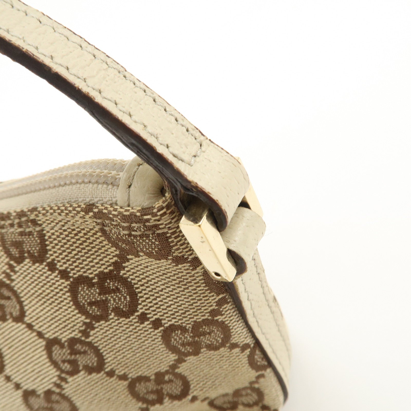 GUCCI Boat Bag GG Canvas Leather Bag Hand Bag Pouch Beige Ivory 07198 Used