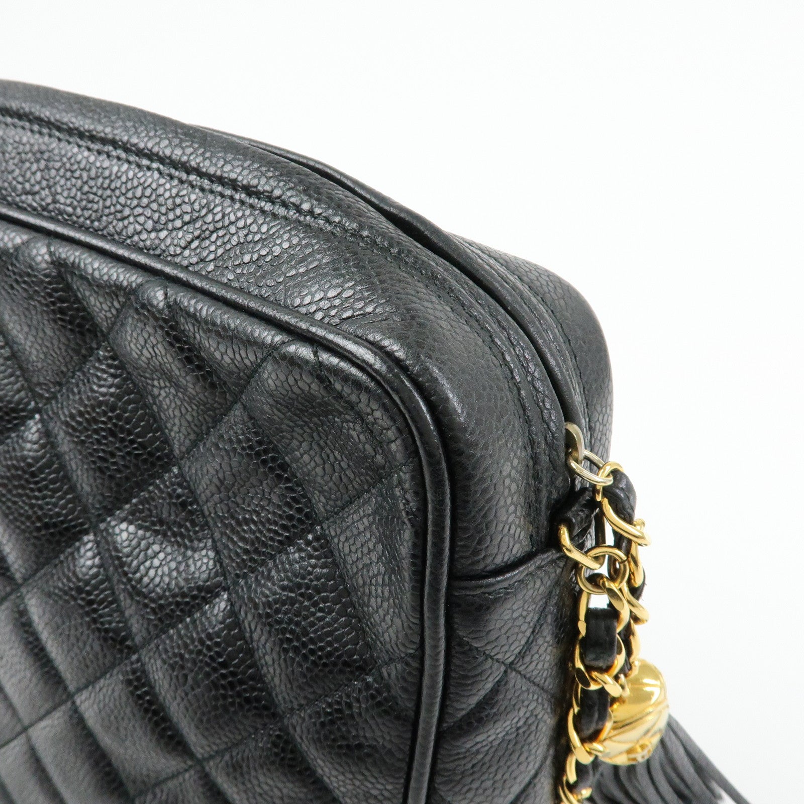 CHANEL Matelasse Cavairskin Chain Shoulder Bag Tassel Black Gold