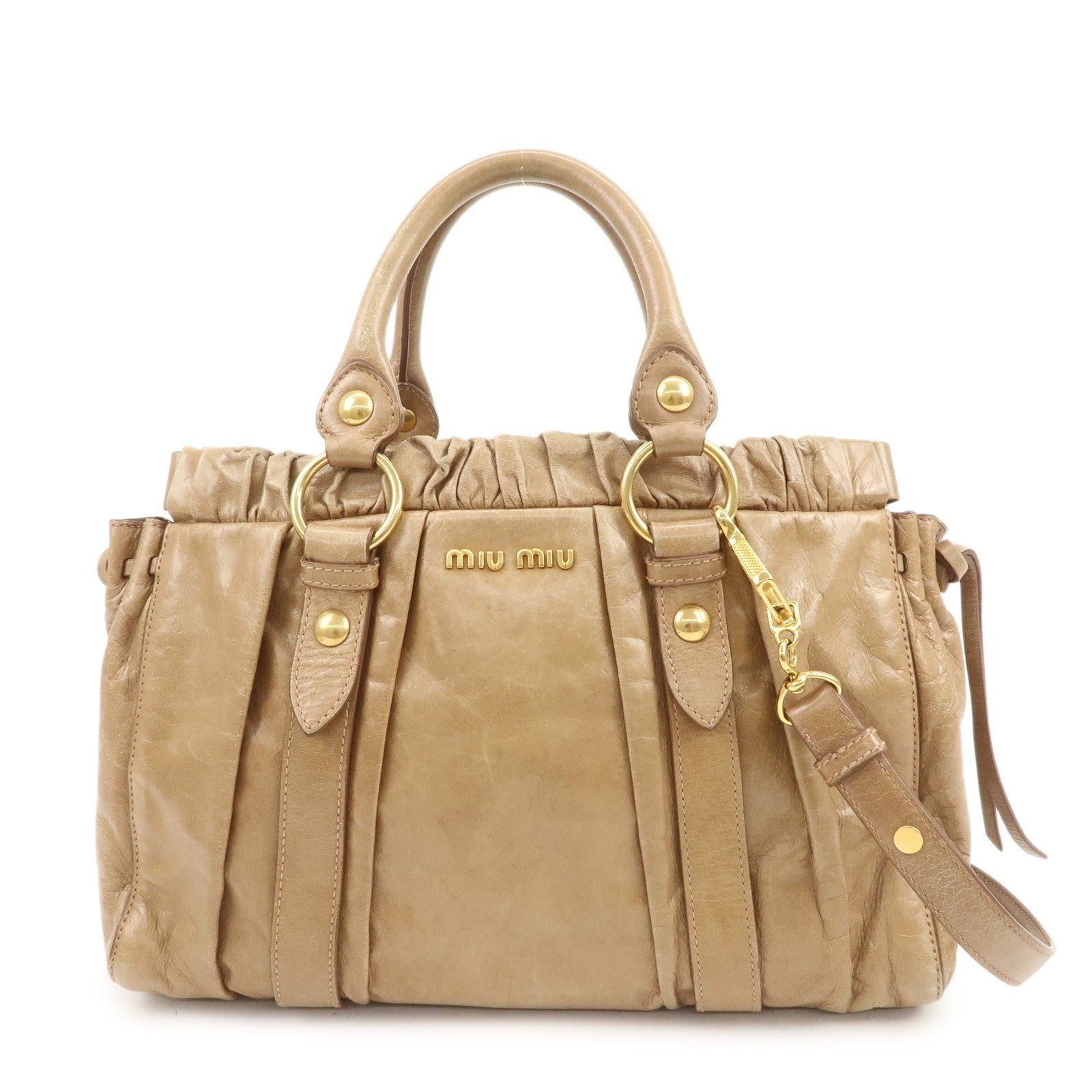 MIU MIU Leather 2Way Gathered Hand Bag Shoulder Bag Brown RT0383