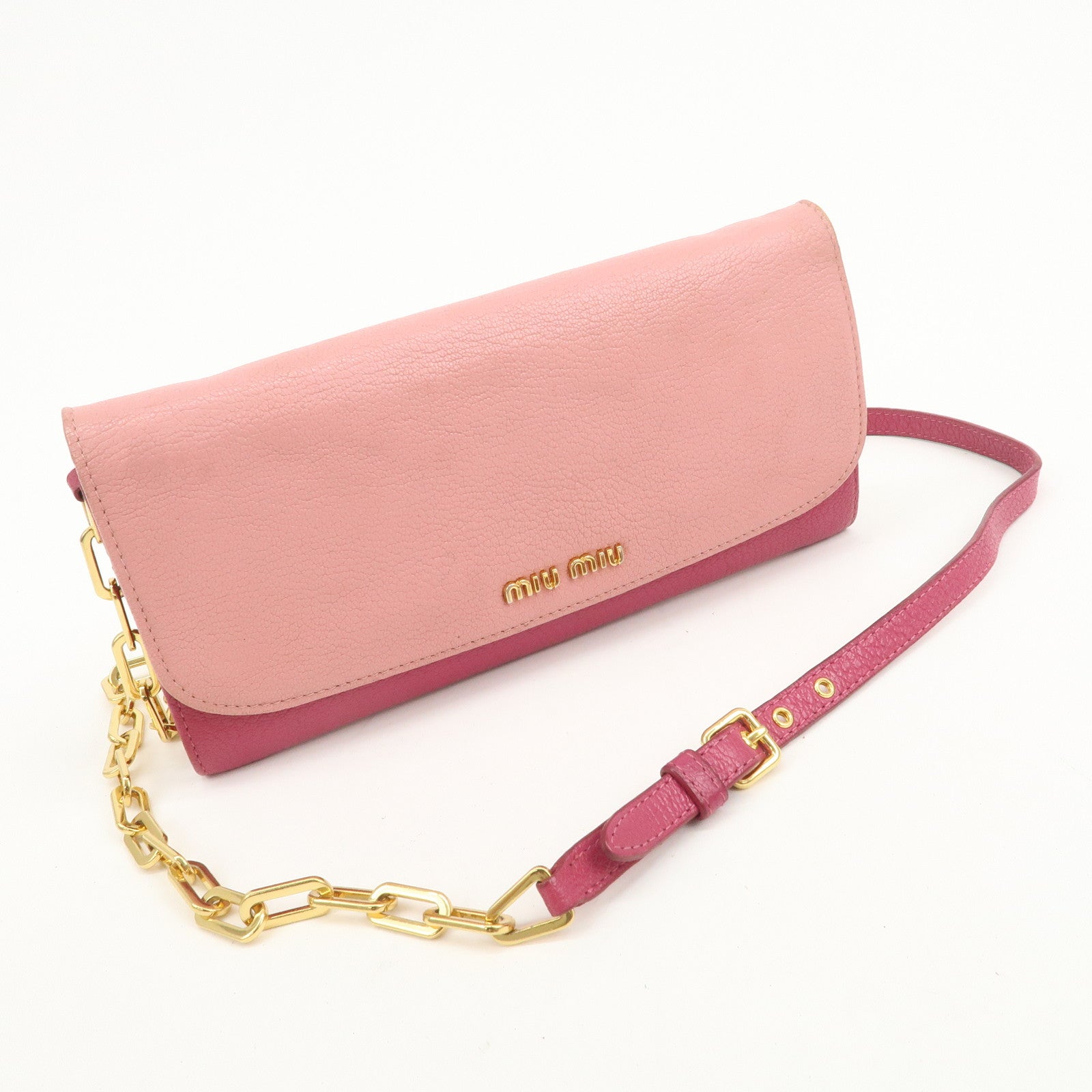 MIU MIU Logo Leather WOC Chain Shoulder Long Wallet Pink 5M1290