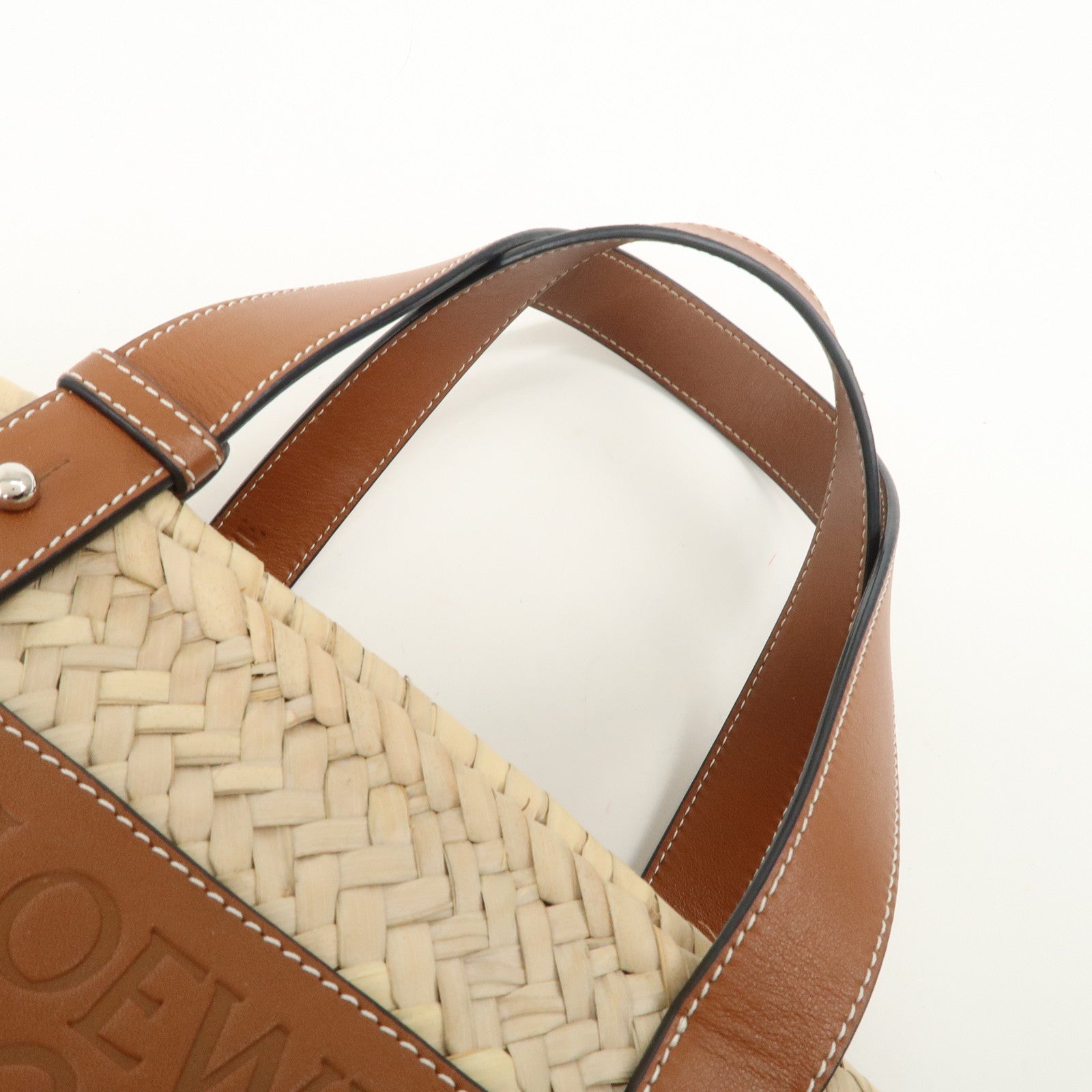 LOEWE Anagram Raffia Leather Basket Bag Hand Bag Natural Brown 2435