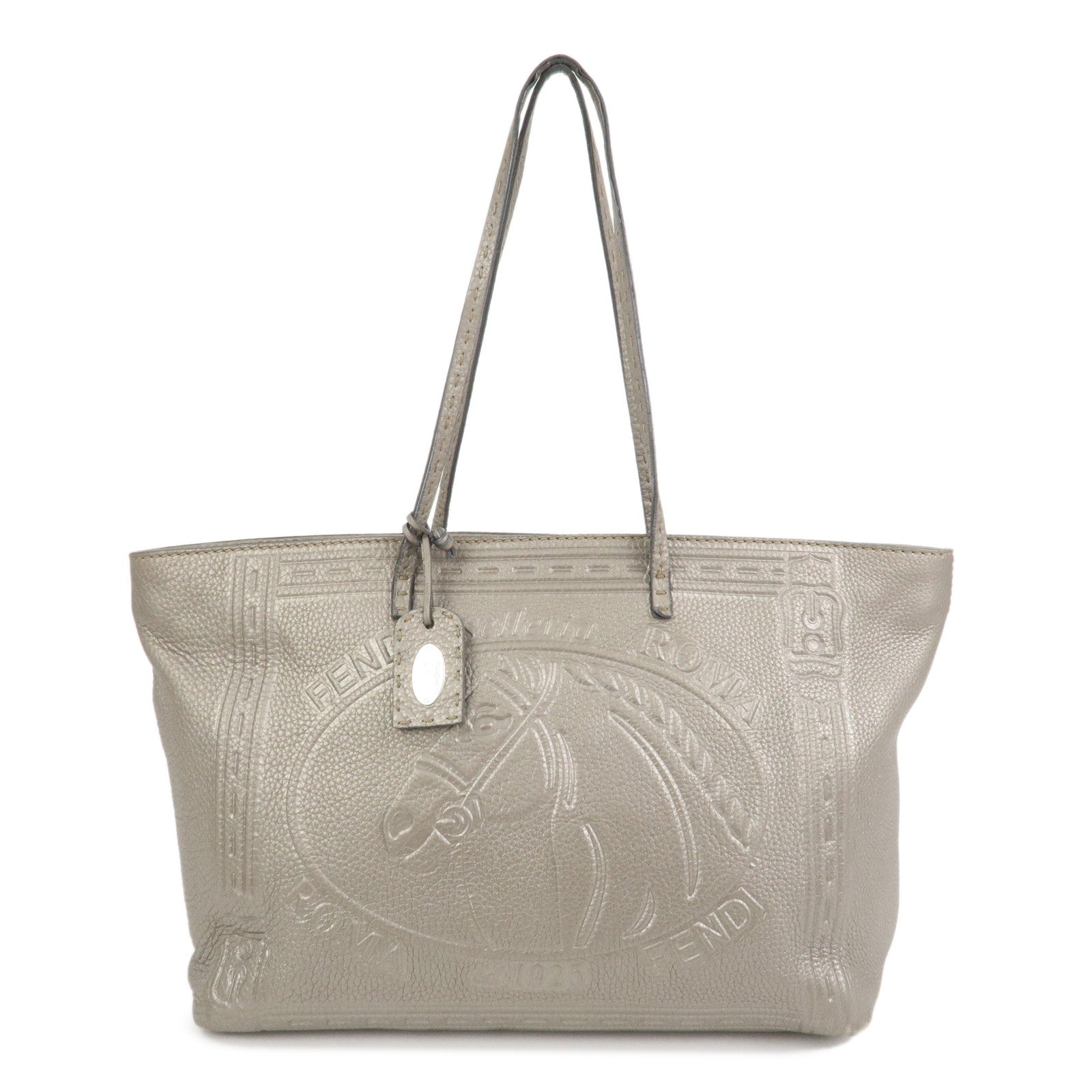 FENDI Seleria Logo Leather Tote Bag Shoulder Bag Gray 8BH185