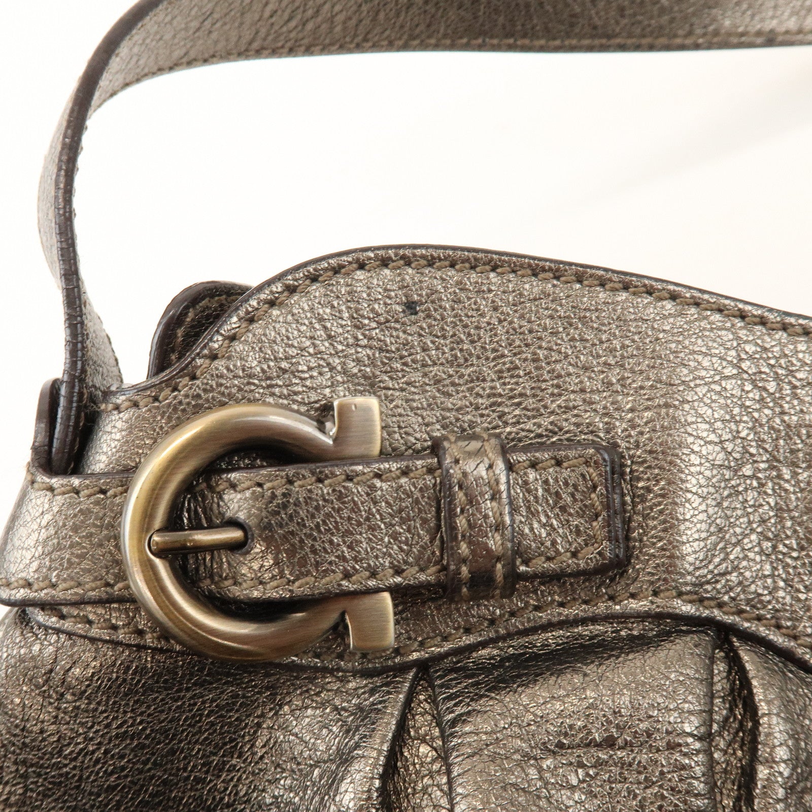 Ferragamo Gancini Leather Shoulder Bag Hand Bag Bronze