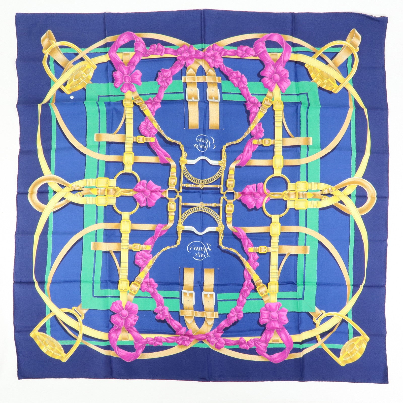HERMES Carre 90 Silk 100% Scarf Grand Manege Navy Gold