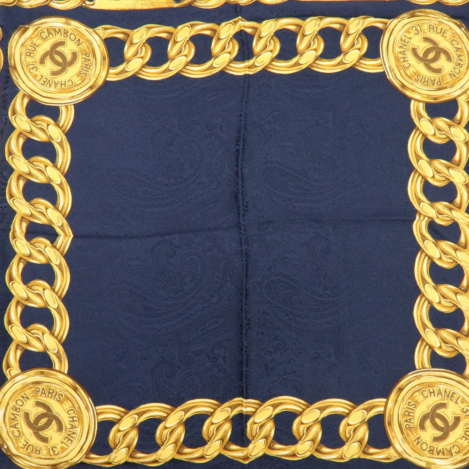 CHANEL COCO Mark Silk 100% Scarf Chain Motif Navy Gold