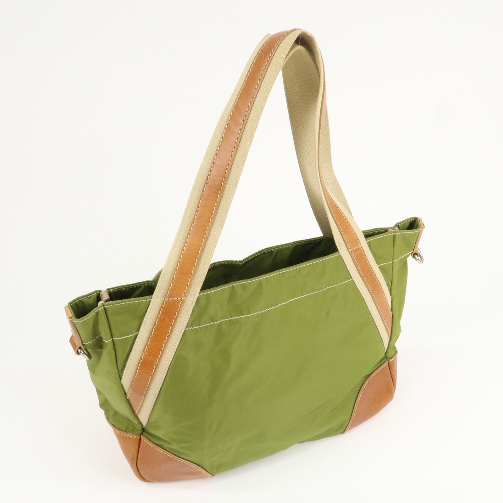 PRADA Triangle Logo Leather Nylon 2Way Tote Bag Brown Khaki