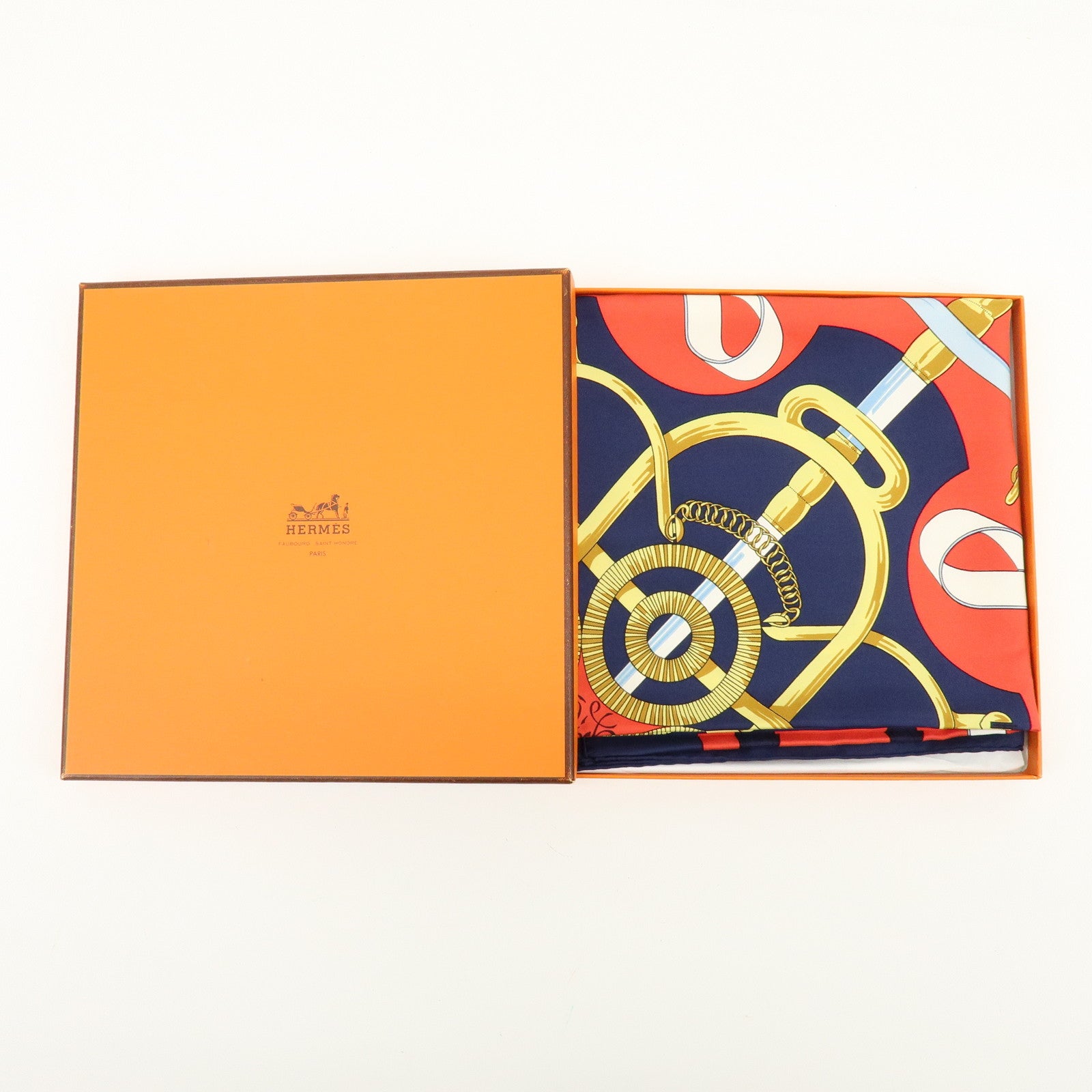HERMES Carre 90 Silk 100% Eperon d'or Scarf Navy Red