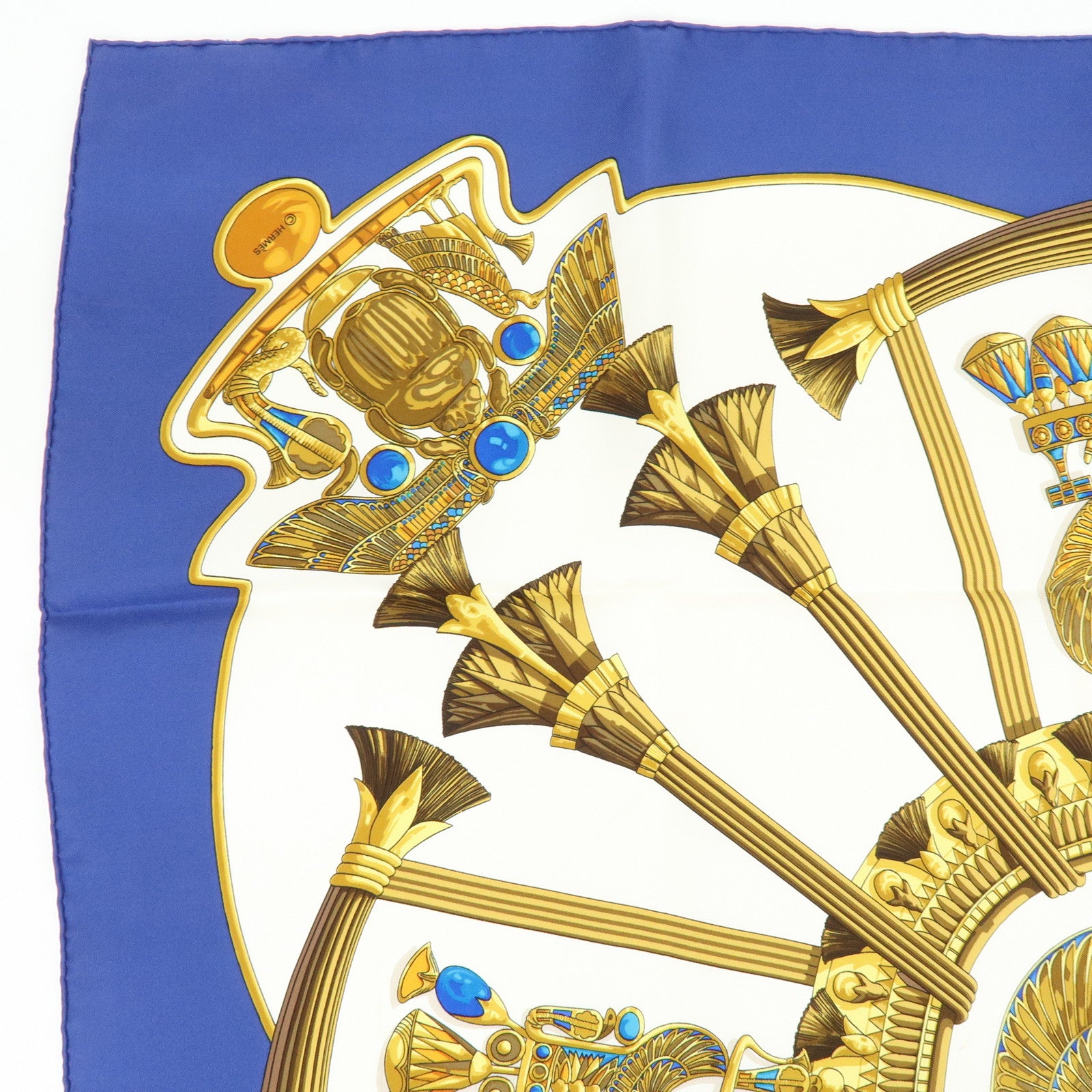 HERMES Carre 90 Silk100% Caty Ancient Egypt Scarab Scarf Blue White
