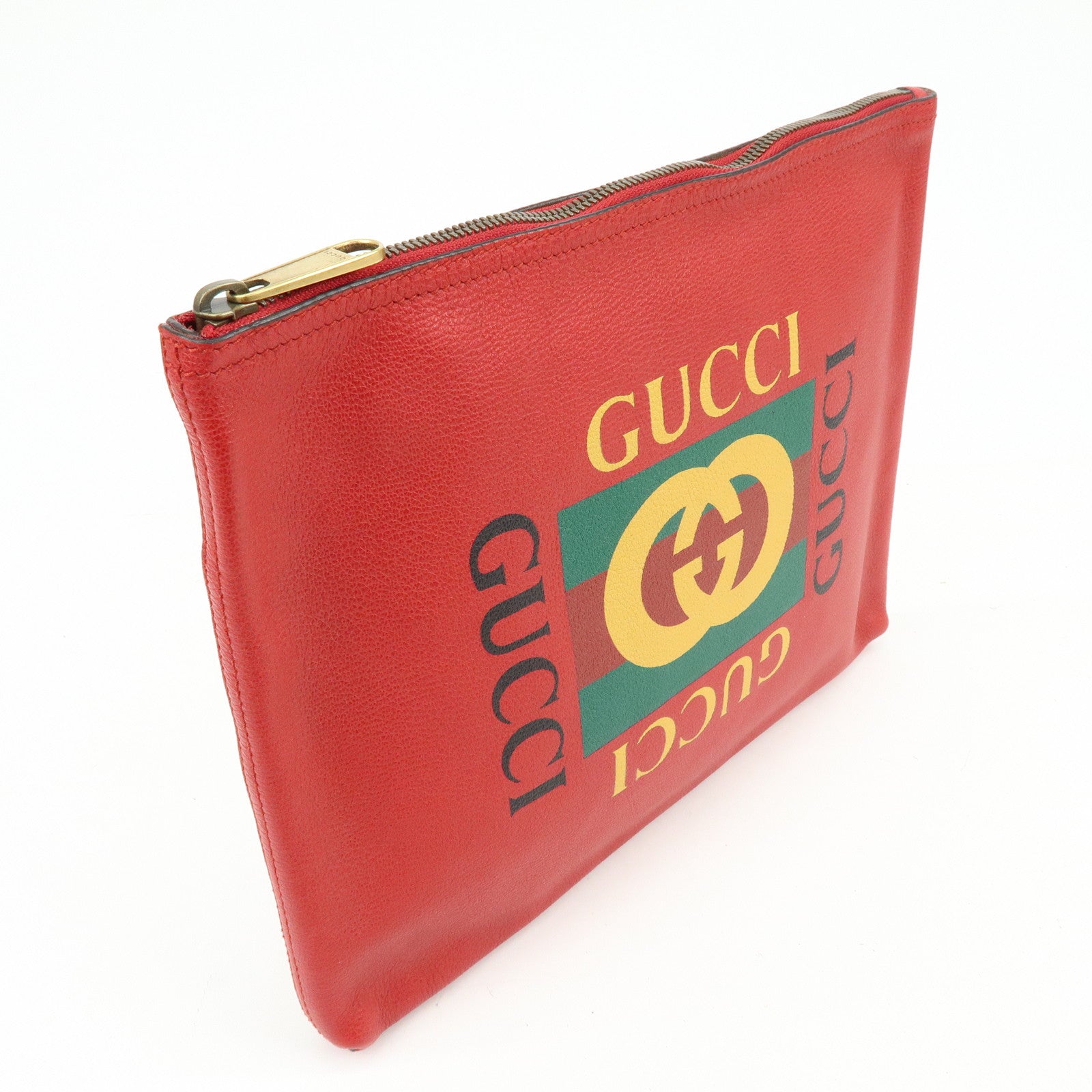 GUCCI Vintage Logo Medium Portfolio Leather Clutch Bag Red 500981