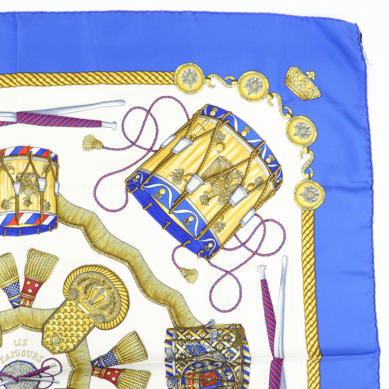 HERMES Carre 90 Silk 100% Scarf LES TAMBOURS Drum Print Navy Gold
