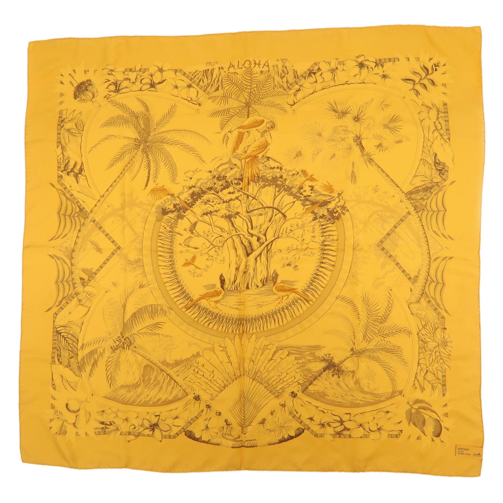 HERMES Carre 90 Silk 100% Aloha Hawaiian Print Scarf Orange