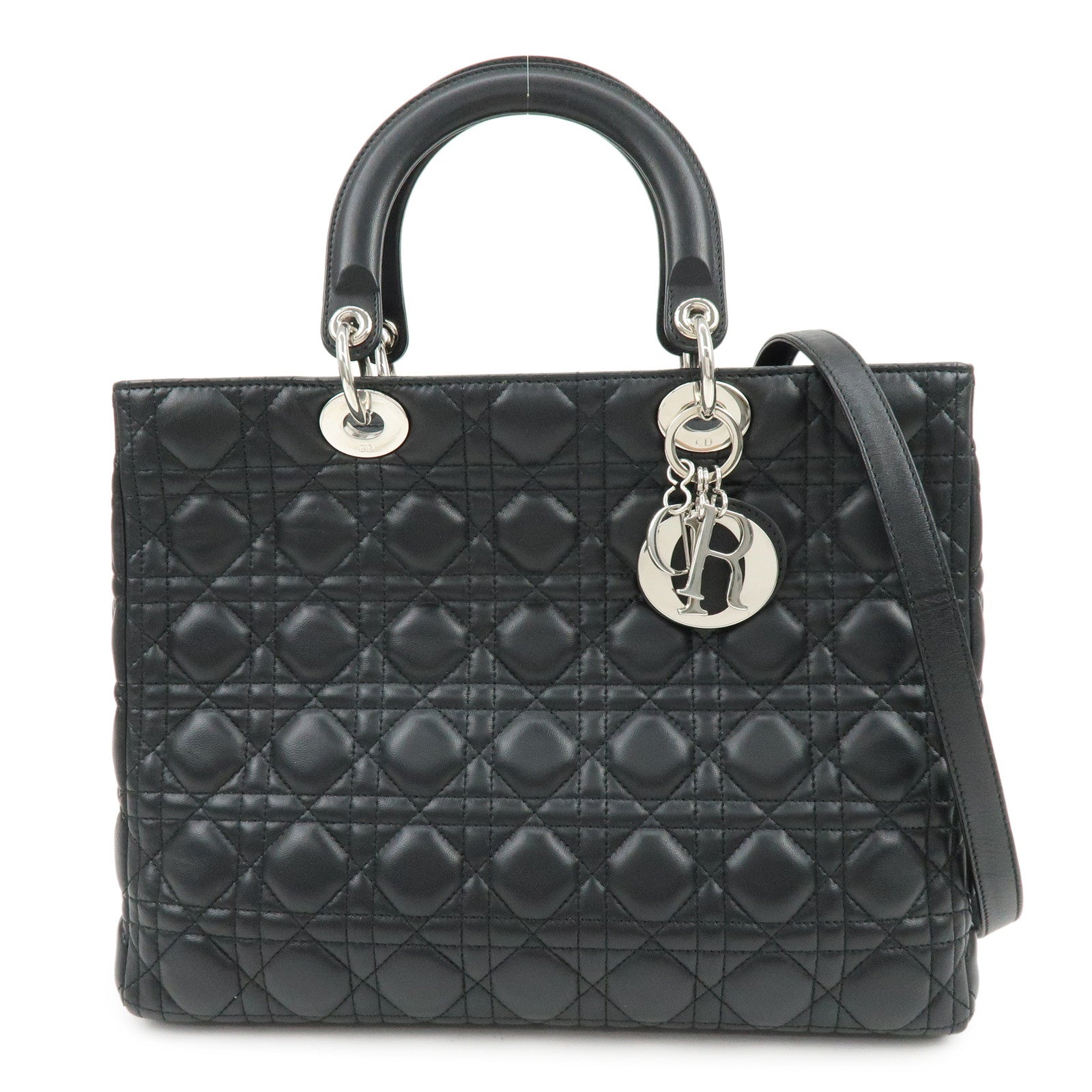 Christian Dior Cannage Large Lamb Skin 2Way Bag Hand Bag Black