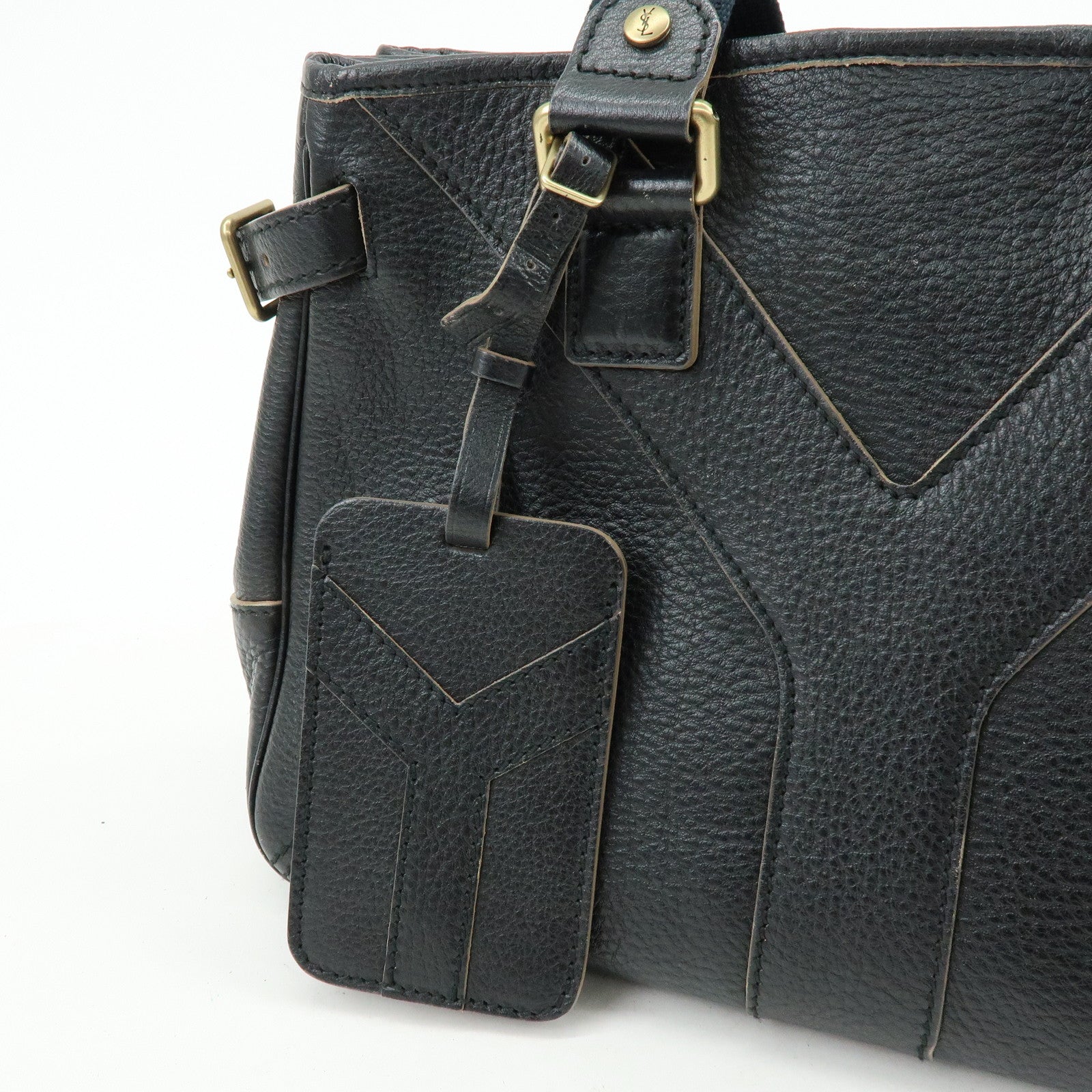 SAINT LAURENT PARIS YSL Y Line Calf Leather Tote Bag Black 168462