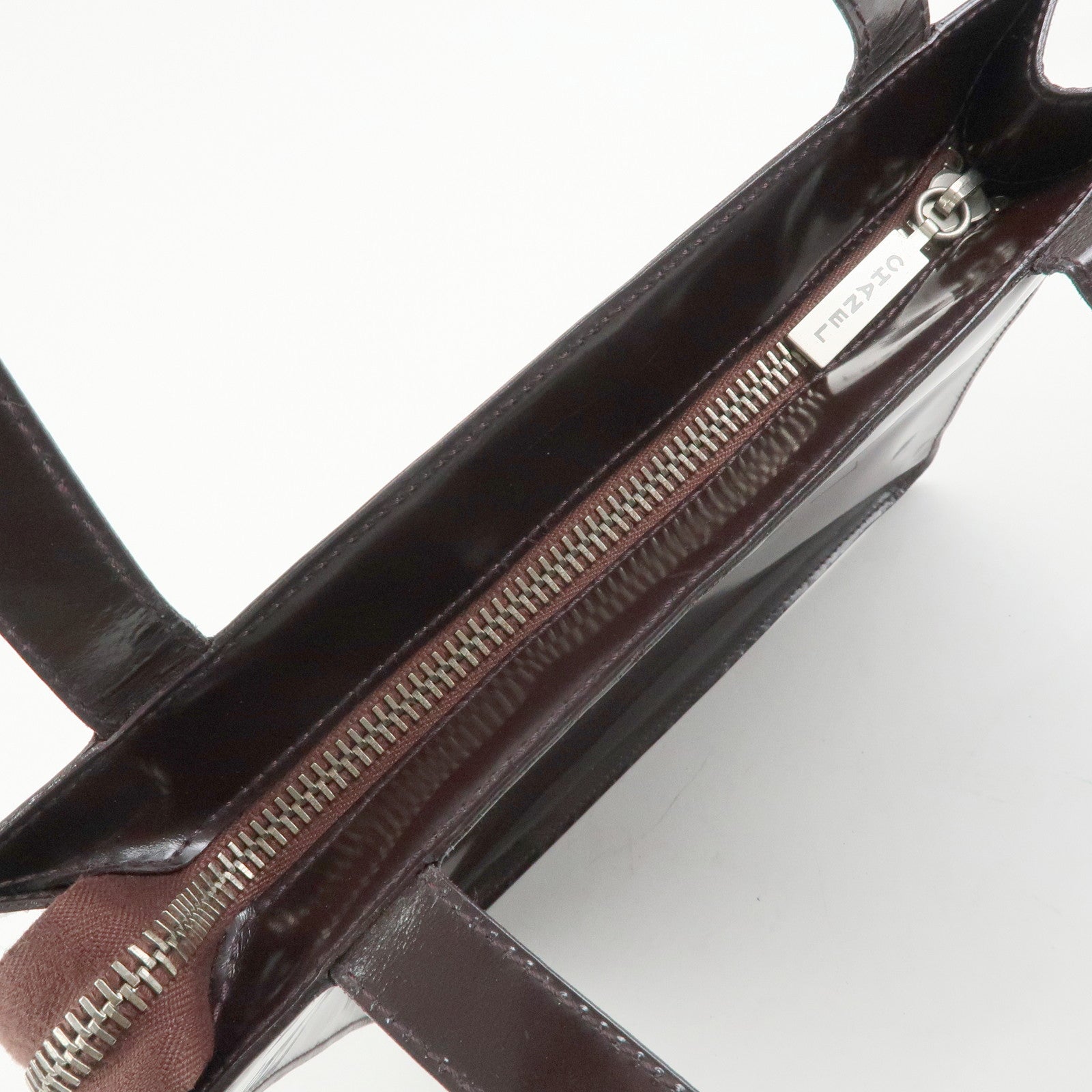 CHANEL Logo Patent Leather Tote Bag Shoulder Bag Brown