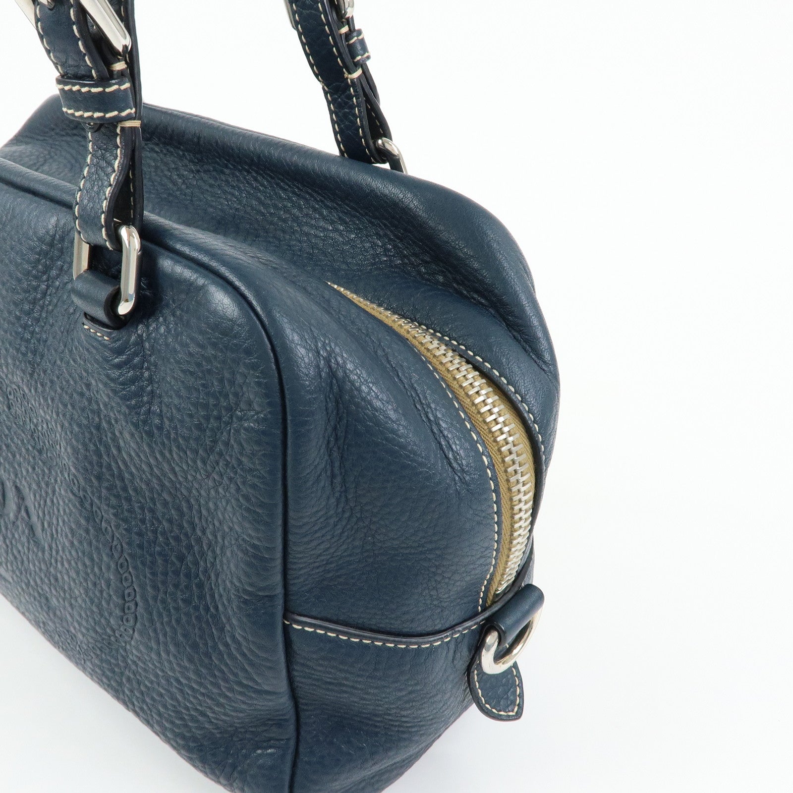 PRADA Calf Leather Boston Bag Shoulder Bag Hand Bag Navy BR3091