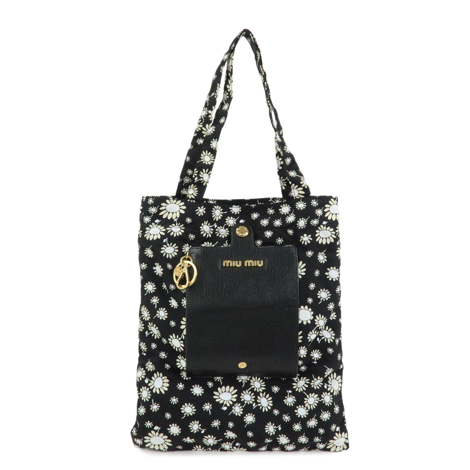 MIU MIU Nylon Leather Tote Bag Eco Bag Hand Bag Flower Print Black