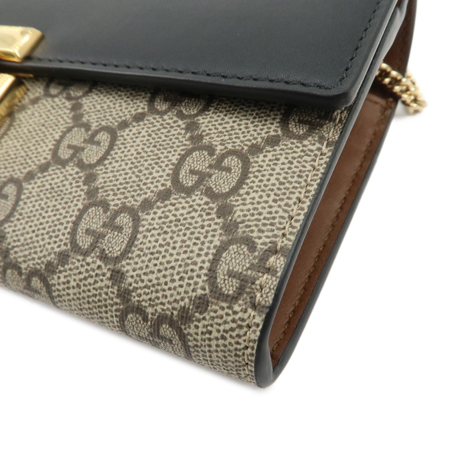 GUCCI GG Supreme Leather Chain Wallet WOC Beige Black 779774
