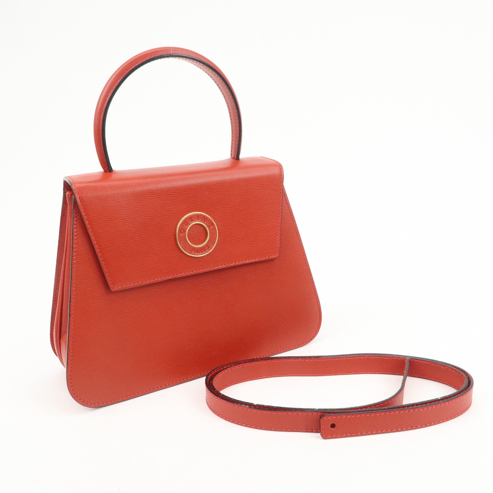CELINE Logo Leather 2Way Bag Hand Bag Shoulder Bag Red Gold