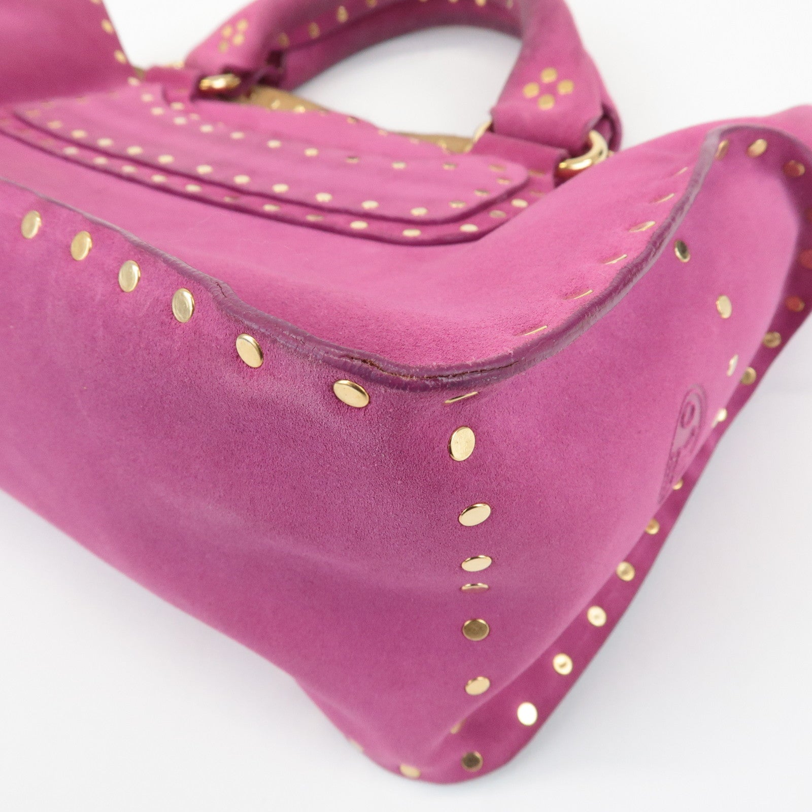 CELINE Suede Leather Studs Buggy Bag Hand Bag Pink Gold