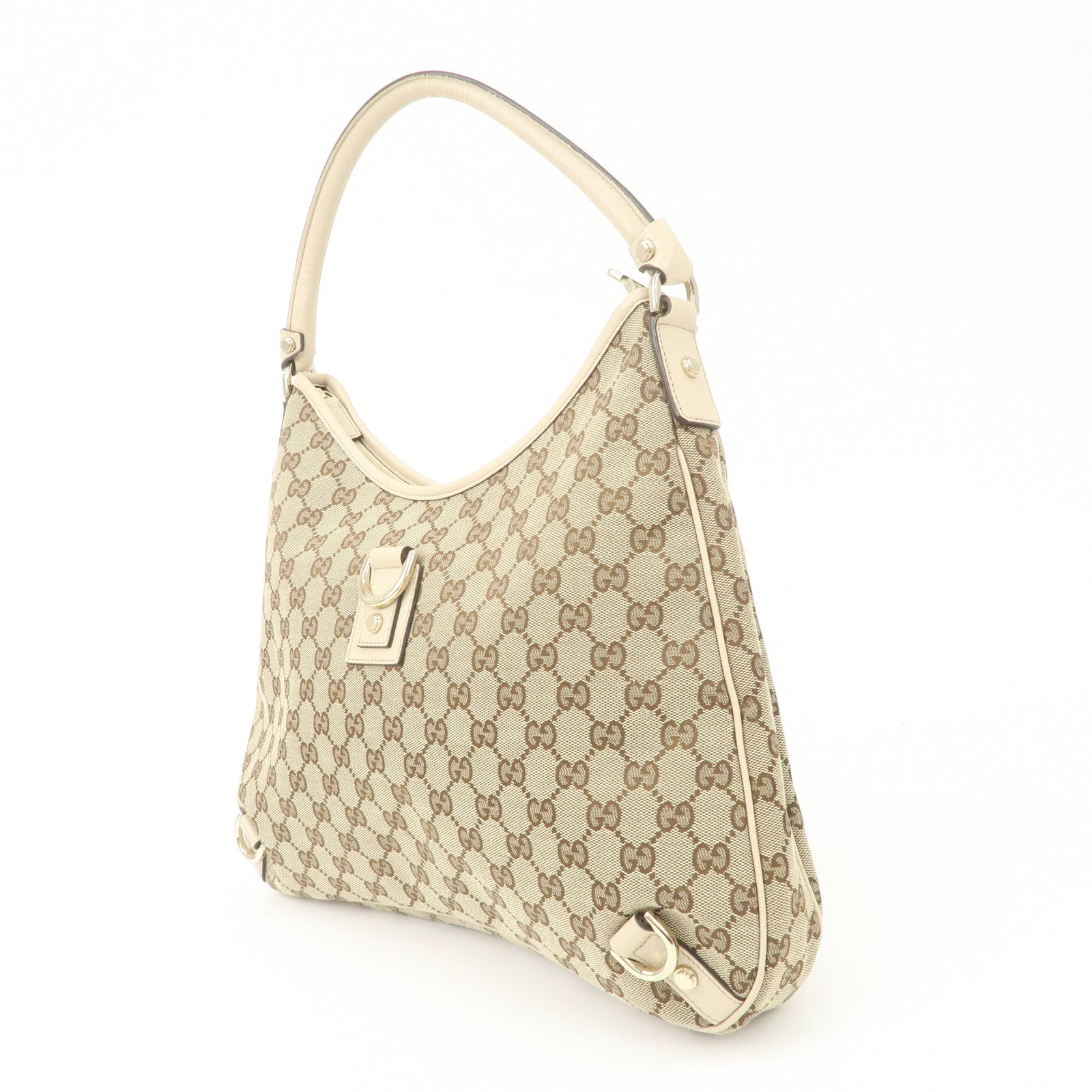 GUCCI Abbey Leather GG Canvas Shoulder Bag Beige Ivory 130737