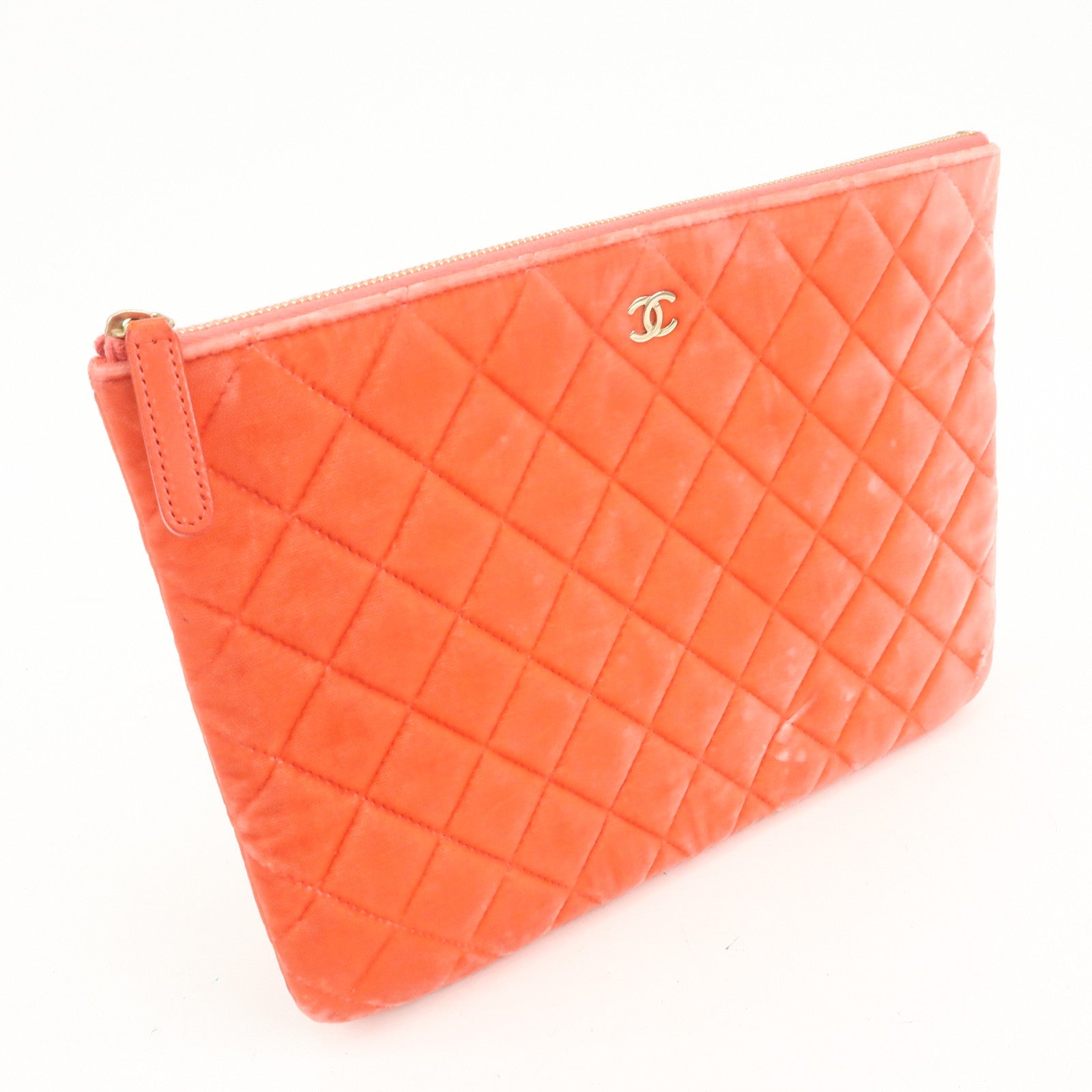 CHANEL COCO Mark Matelasse Velour Leather Clutch Bag Orange