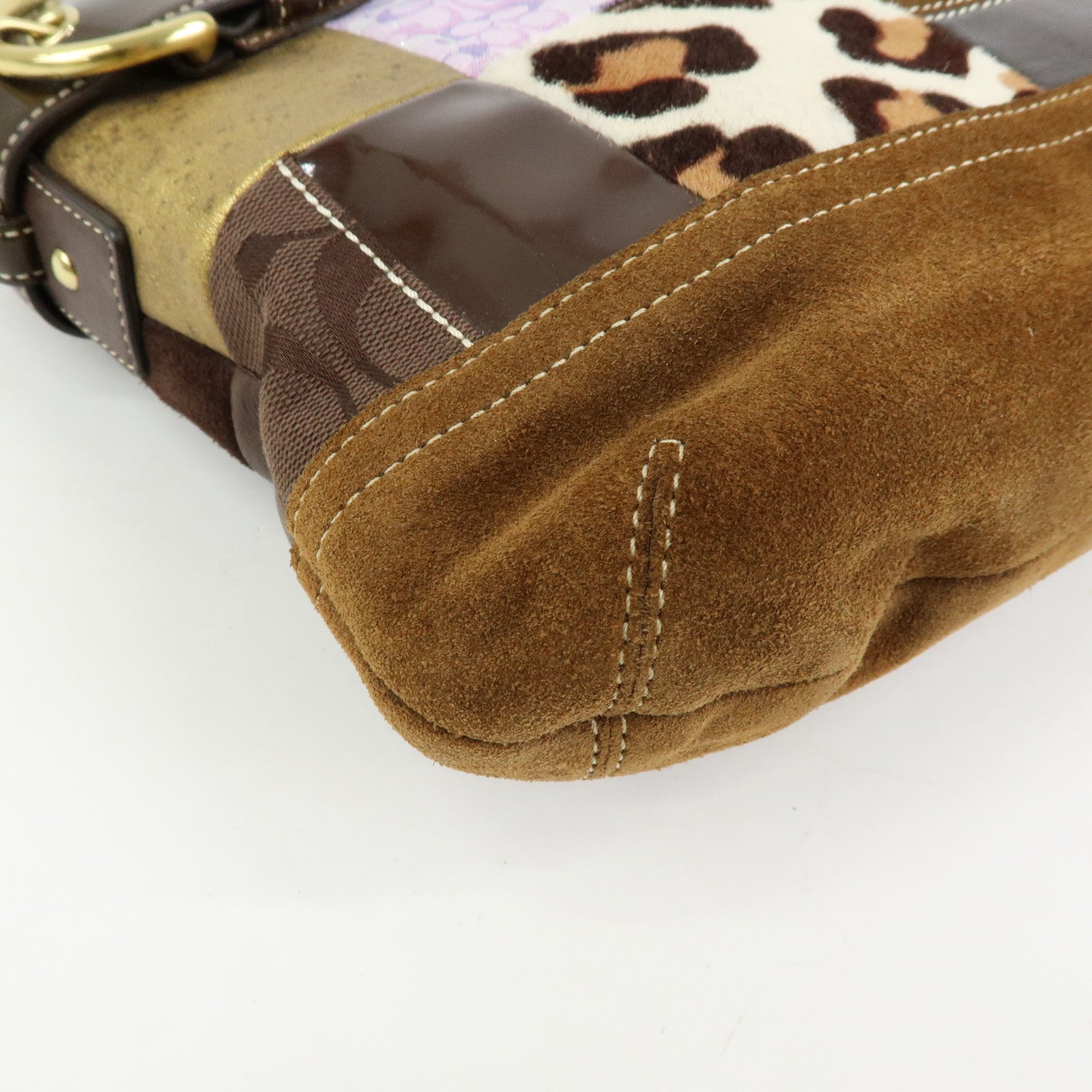 COACH Signature Suede Patent Leather Shoulder Bag Brown Patchwork