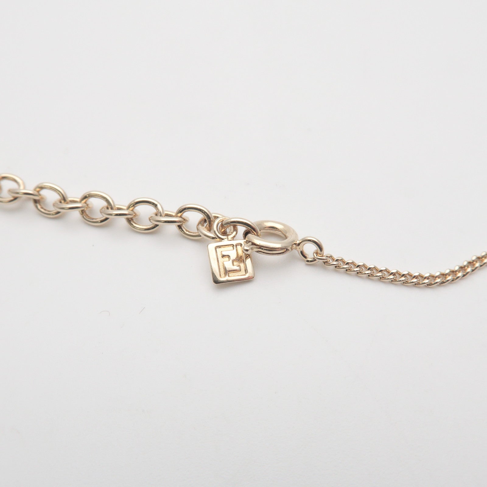 FENDI Logo Metal Rhinestone Necklace Gold Light Blue