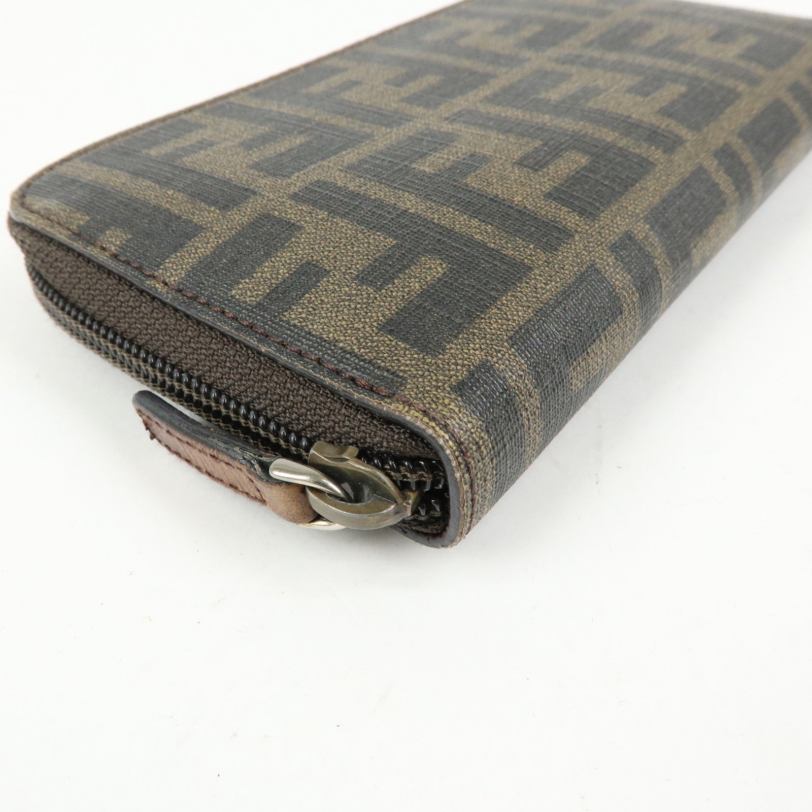 FENDI Zucchino Canvas Leather Round Zippy Long Wallet Brown 8M0024
