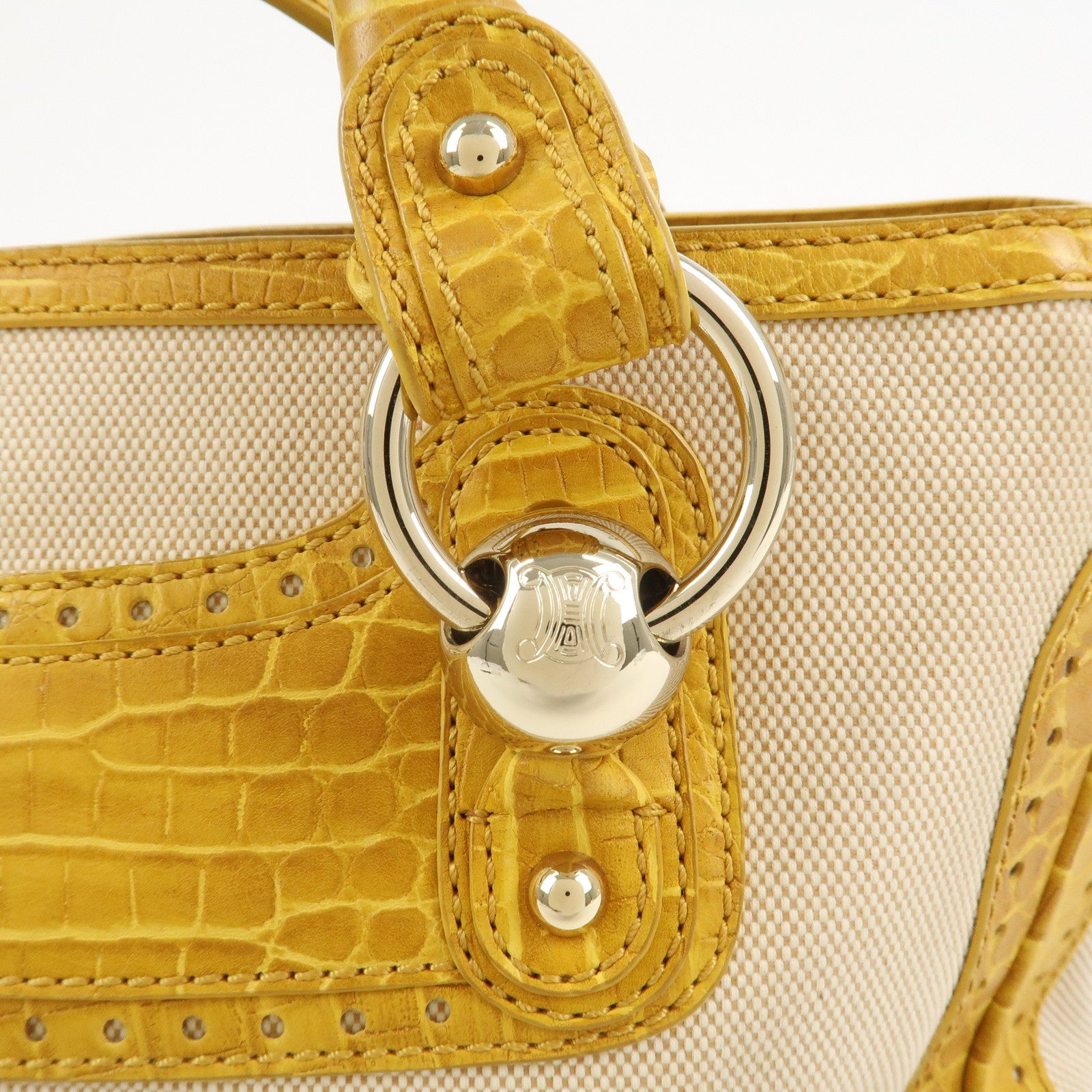 CELINE Boogie Bag Canvas Embossed Leather Hand Bag Natural Yellow