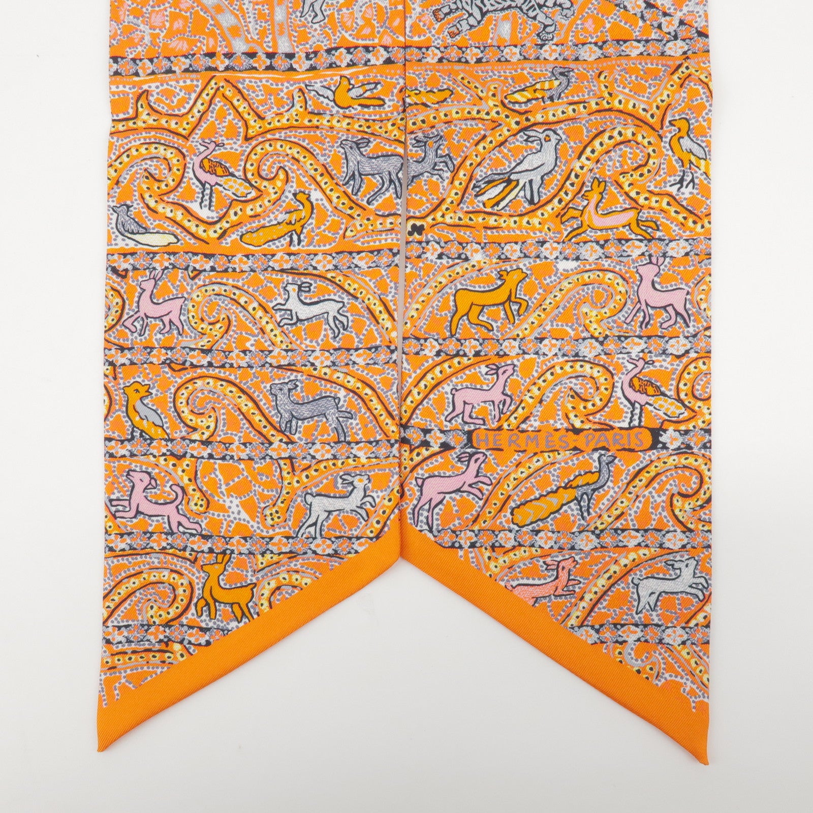 HERMES Maxi Twilly Silk 100% Scarf Animal Motif  Orange