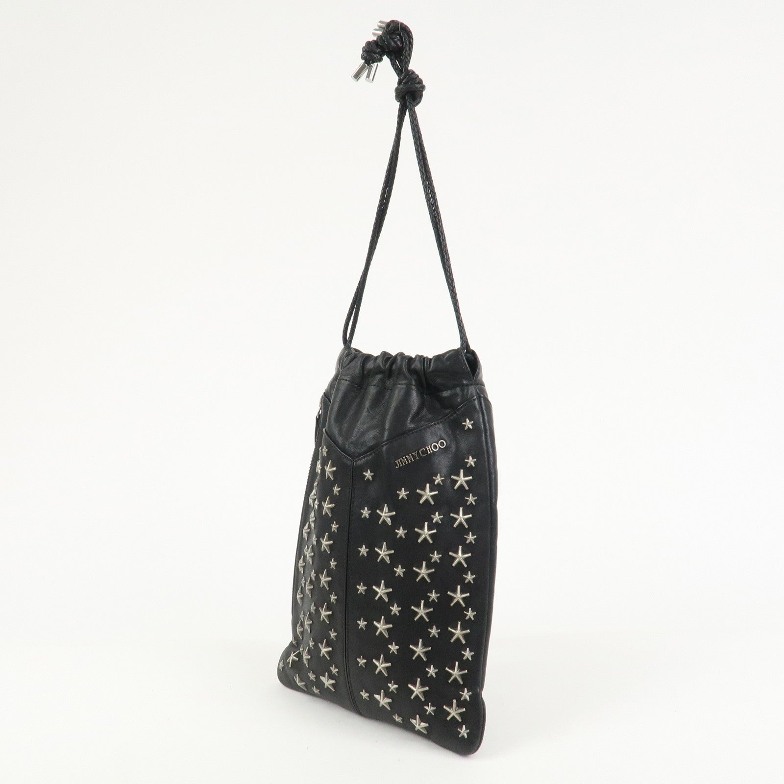 JIMMY CHOO Star Studs Leather Shoulder Bag Hand Bag Black