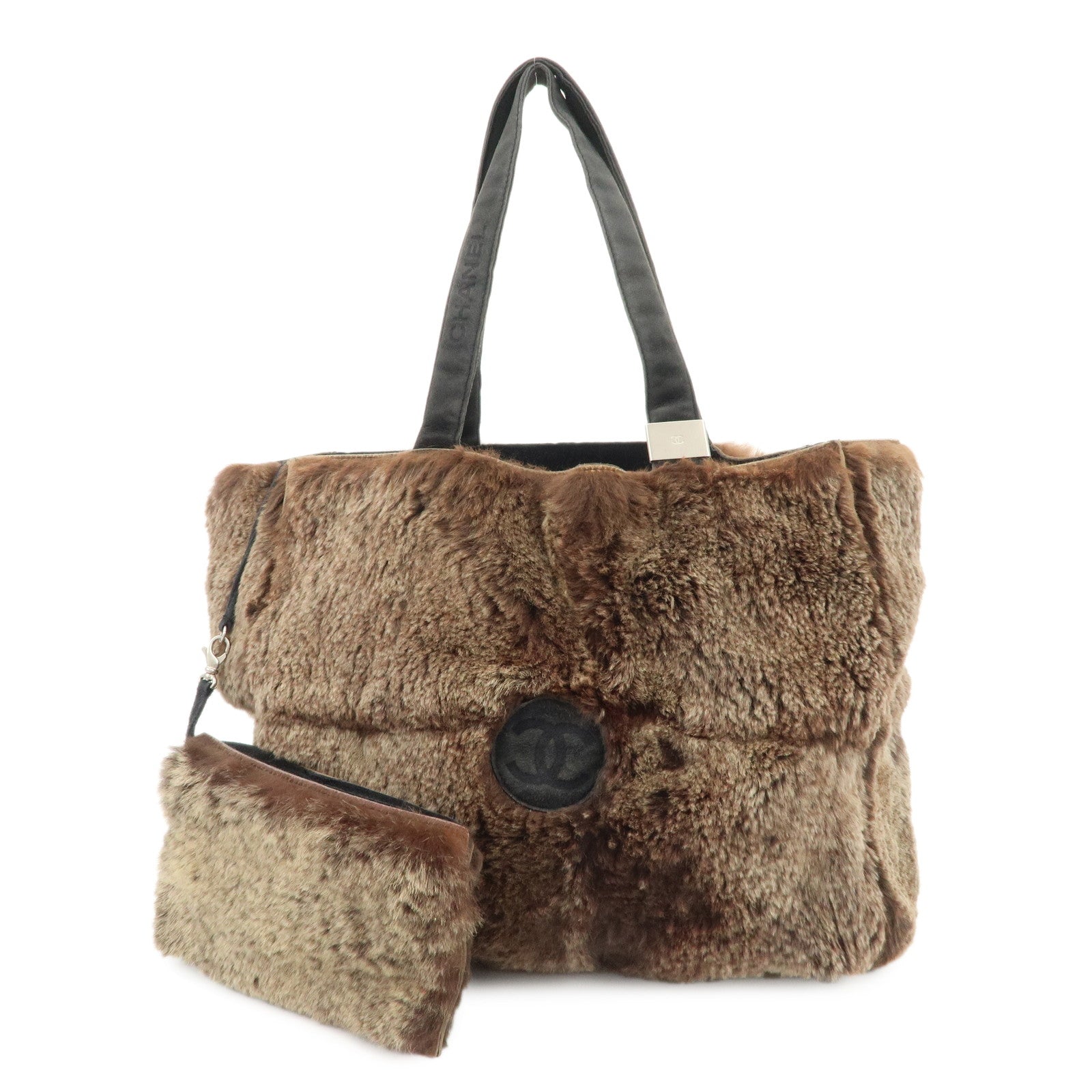CHANEL COCO Mark Lapin Suede Tote Bag Hand Bag Shoulder Bag Brown