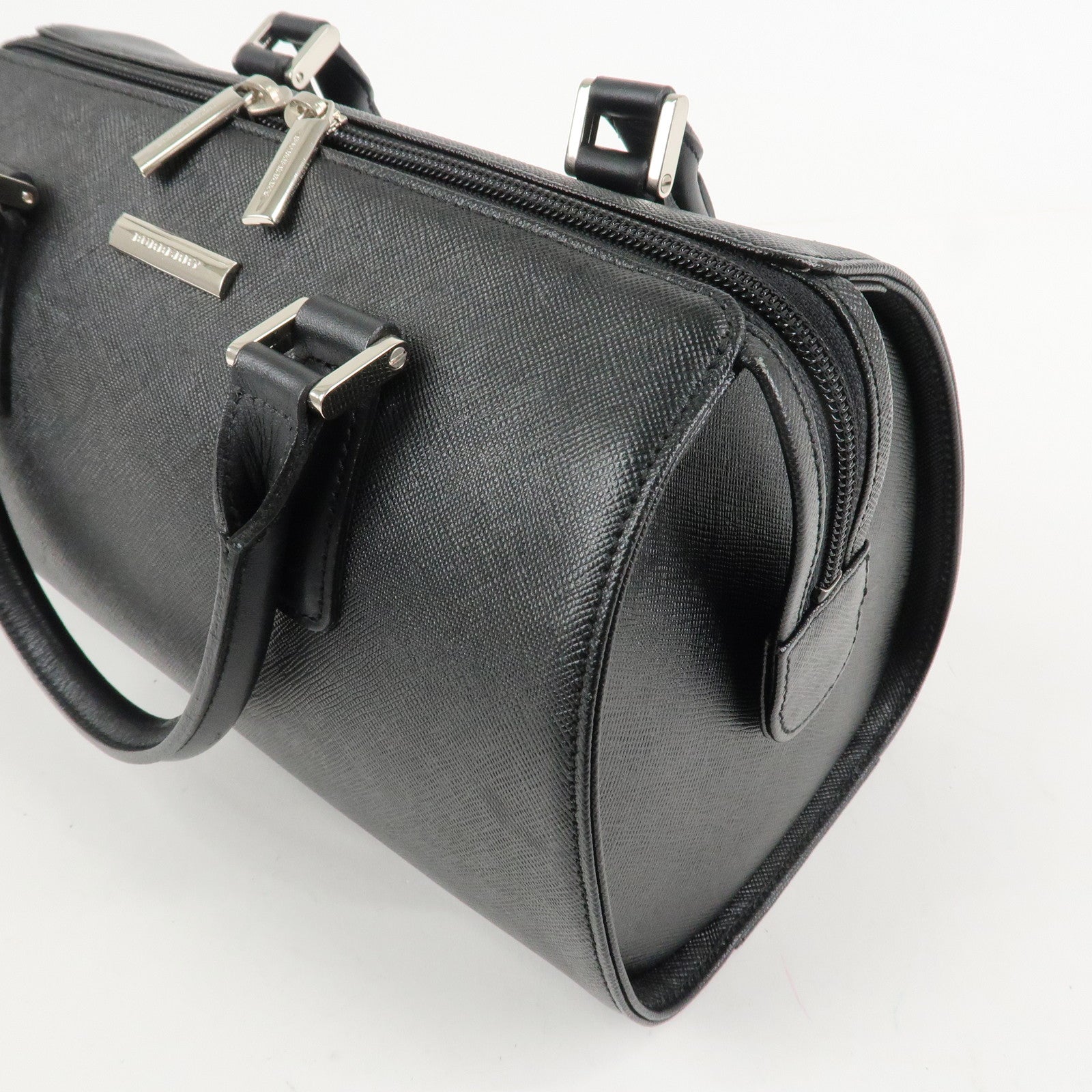 BURBERRY Leather Boston Bag Hand Bag Black Silver HDW Used