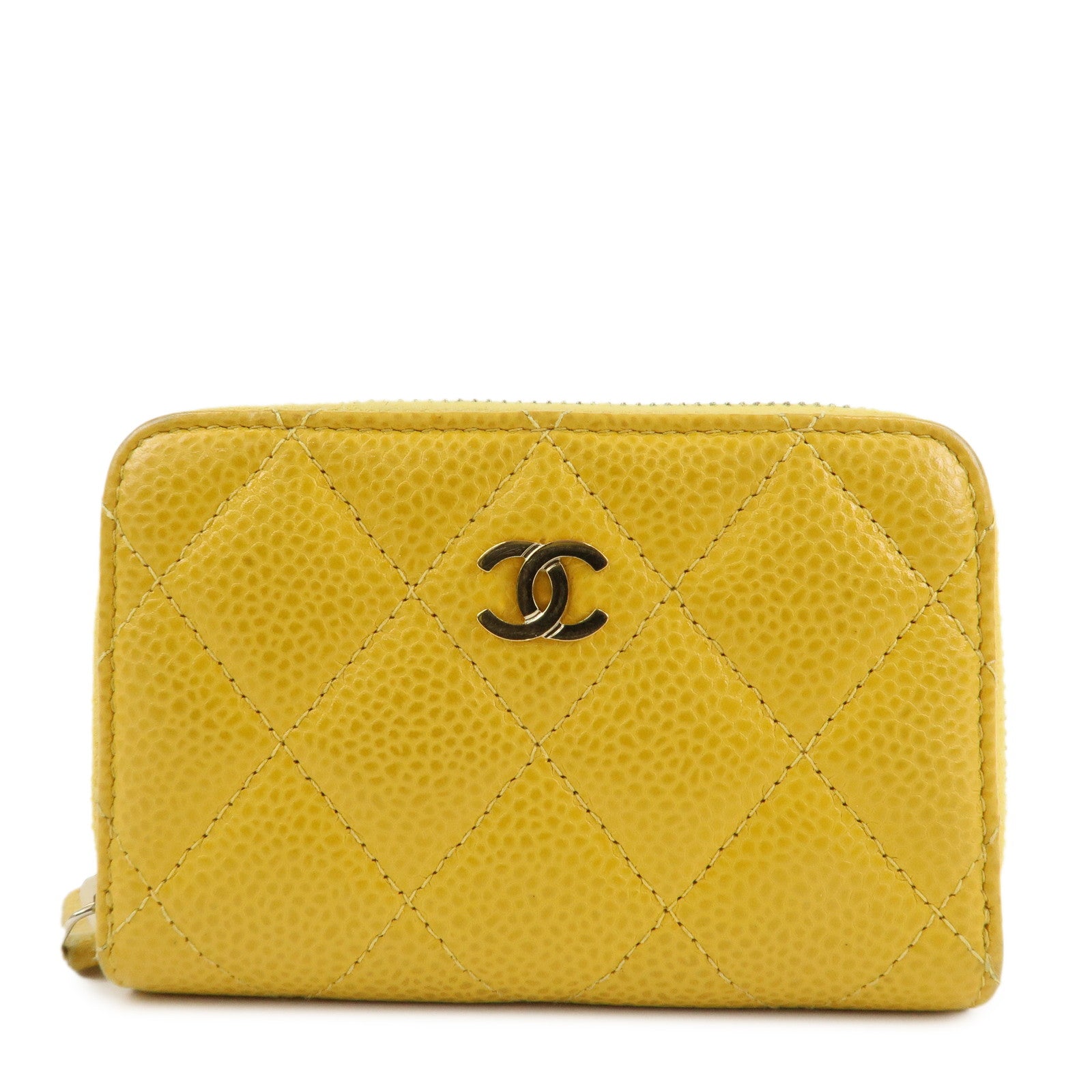 CHANEL Matelasse Caviar Skin Round Zippy Coin Case Yellow A84511 Used