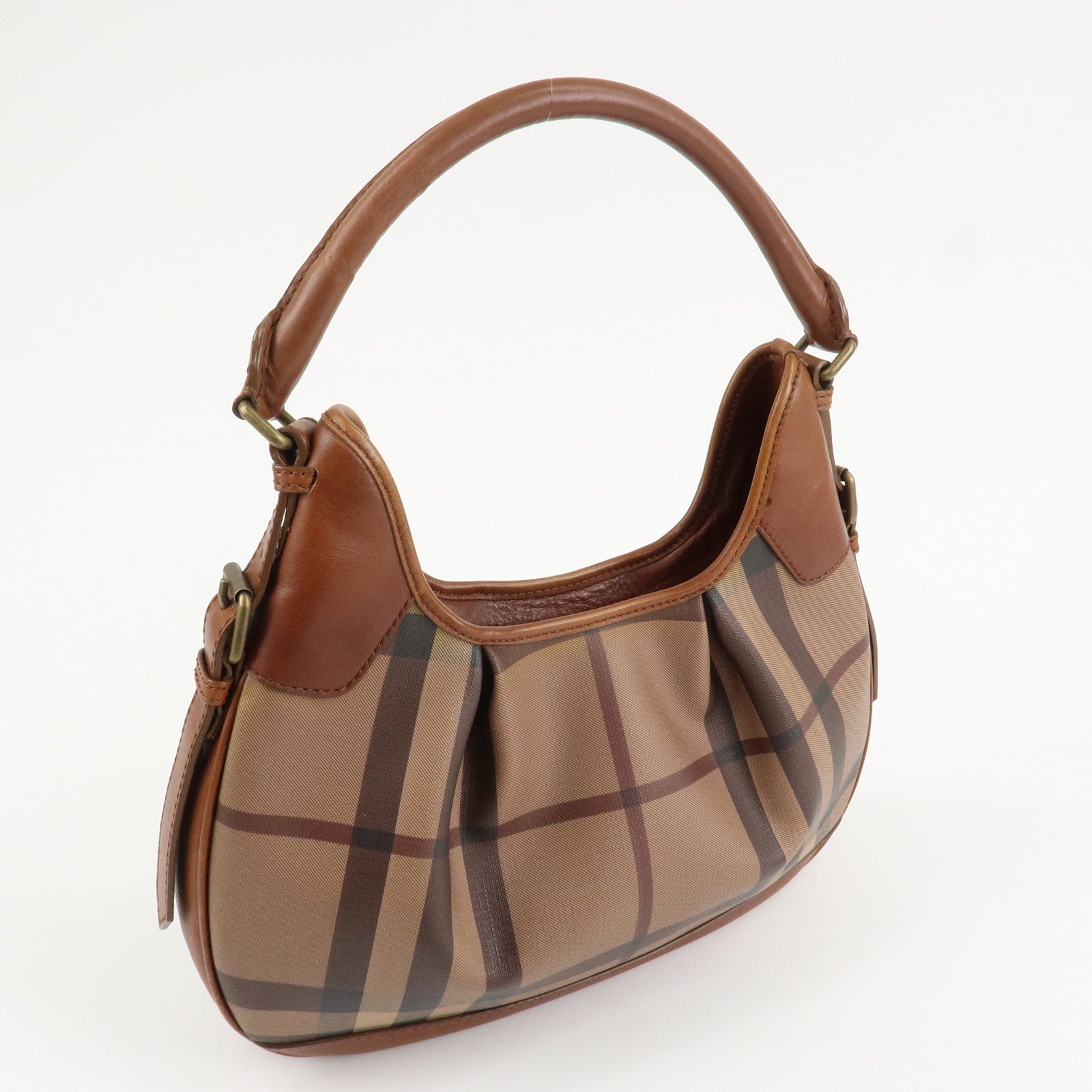 BURBERRY Nova Plaid PVC Leather Shoulder Bag Hand Bag Brown Used