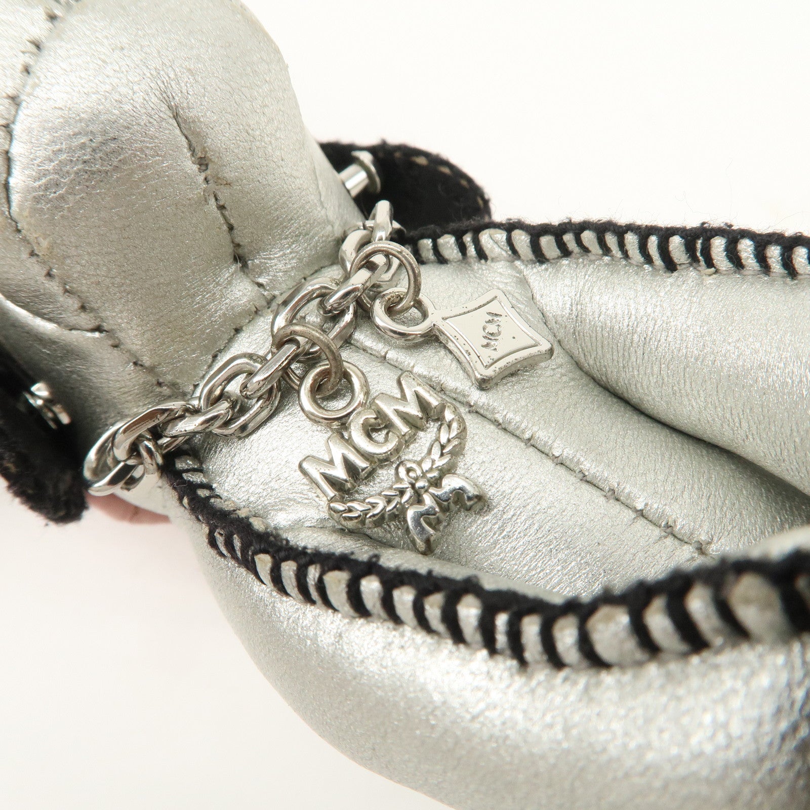 MCM Dog Motif Leather Bag Charm Key Chain Silver Pink