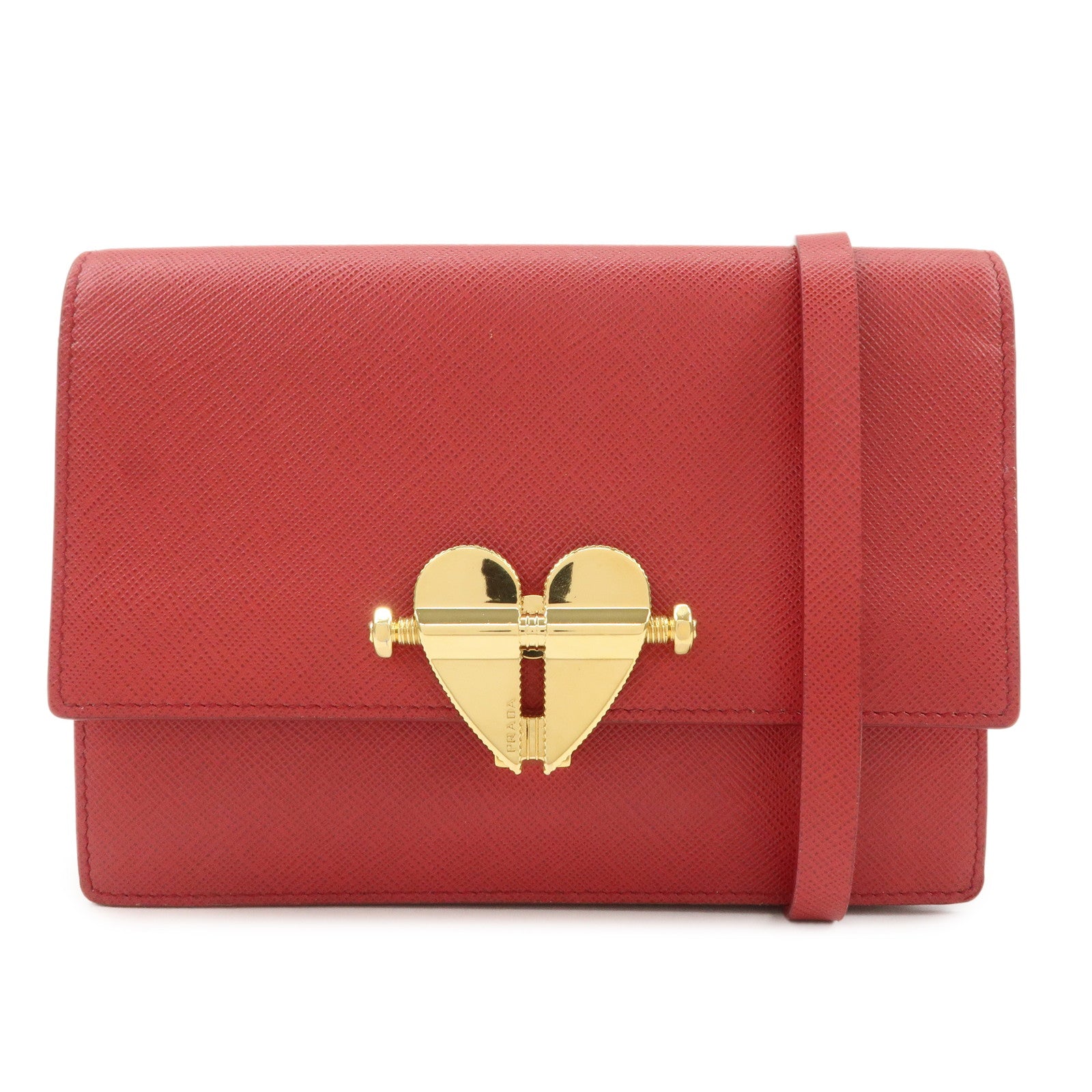 PRADA Heart Lock Leather Shoulder Bag Crossbody Bag Red Used